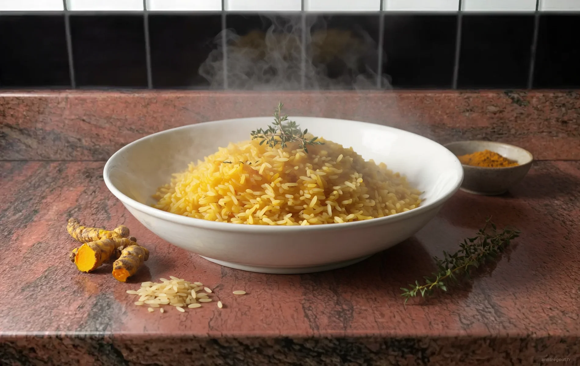Riz jaune r&eacute;unionnais parfum&eacute; au curcuma et au thym, servi bien chaud dans une assiette en c&eacute;ramique blanche.