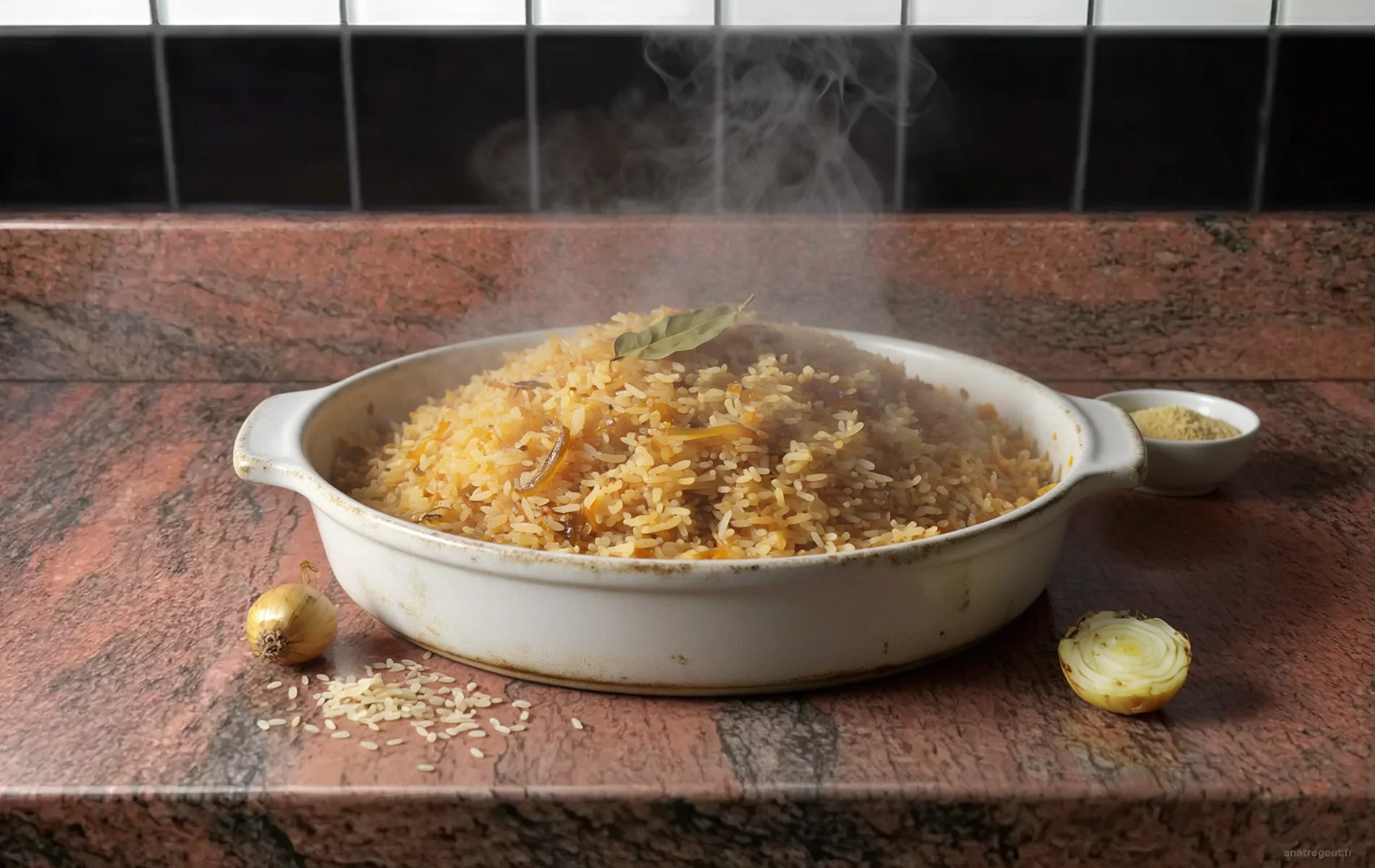 Grand plat de riz pilaf aux grains bien s&eacute;par&eacute;s, parfum&eacute; au laurier et aux oignons fondants, servi bien chaud.