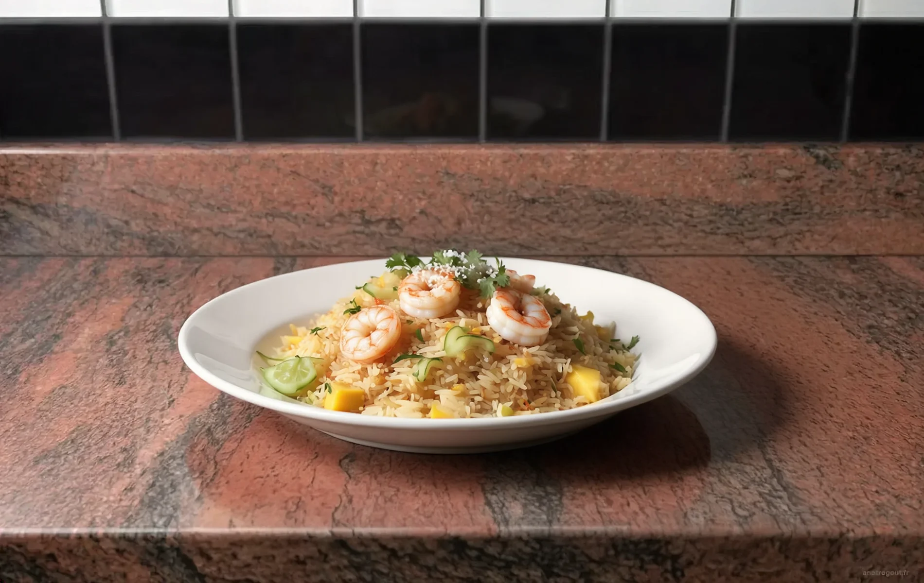 Riz sauté aux crevettes, mangue, concombre, coriandre fraîche et noix de coco râpée, servi dans une assiette creuse blanche.