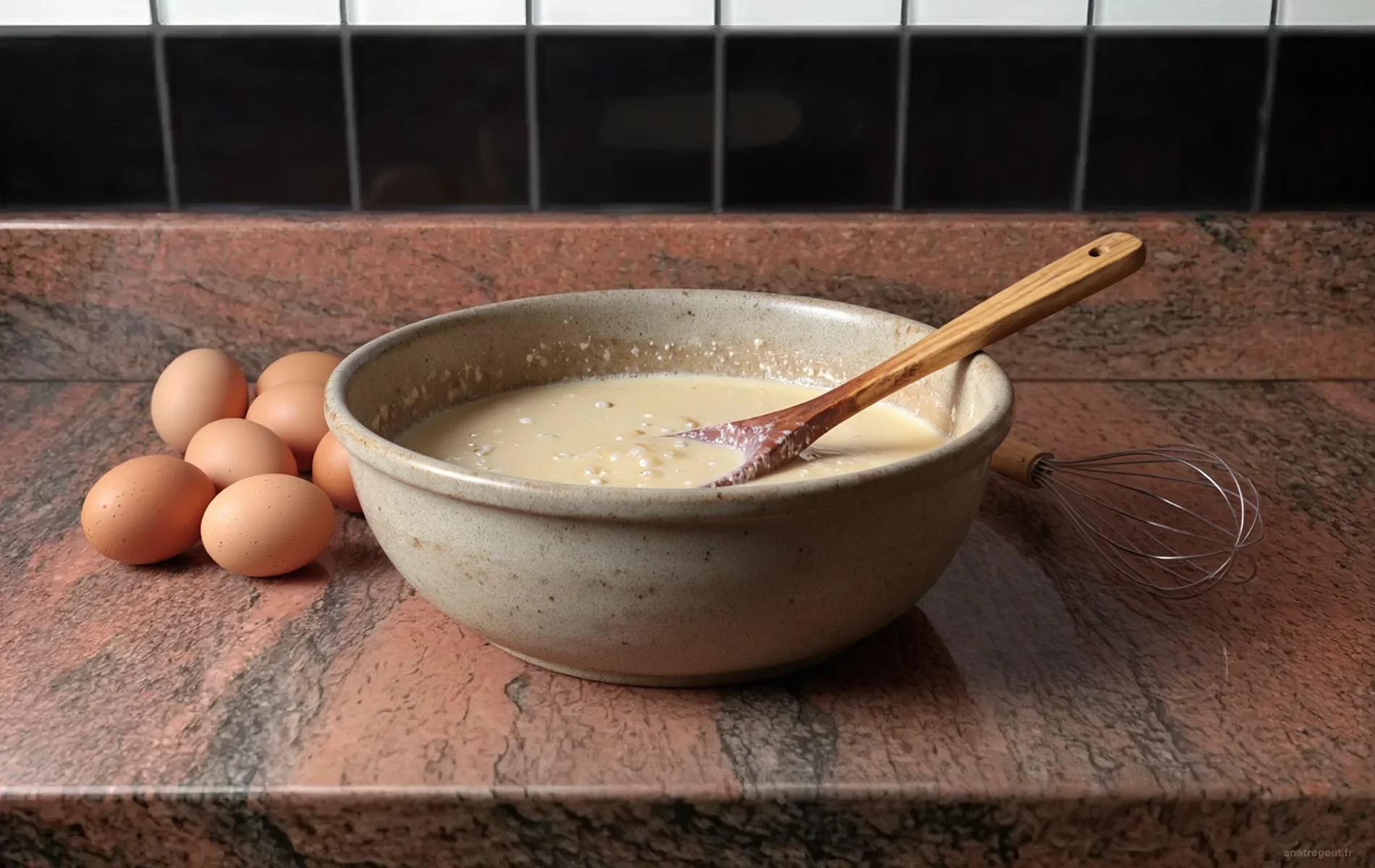 Saladier en gr&egrave;s contenant une p&acirc;te &agrave; cr&ecirc;pes ferment&eacute;e avec de fines bulles en surface, accompagn&eacute; d'une cuill&egrave;re en bois, d'un fouet et de quelques &oelig;ufs sur un plan de travail