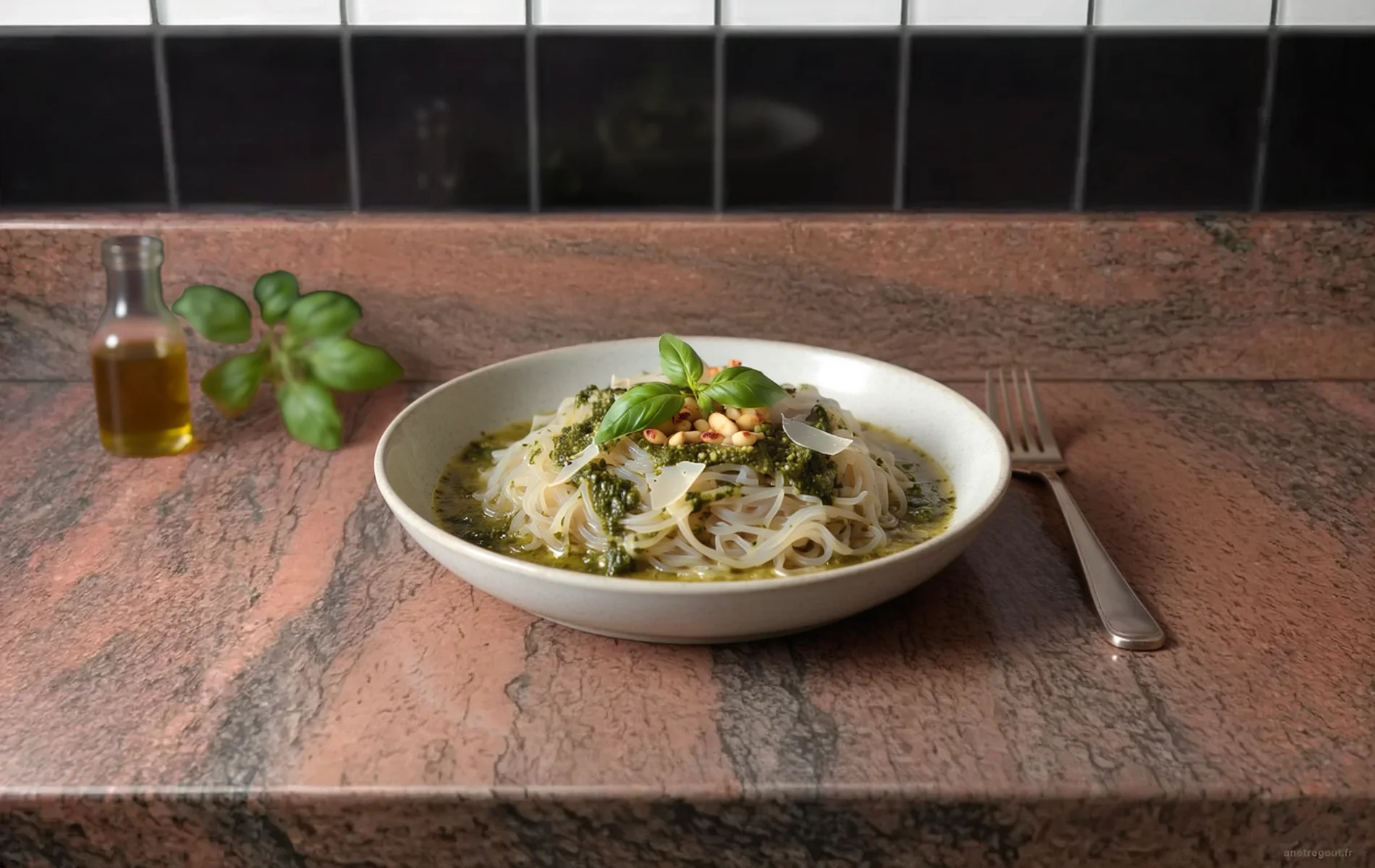 Shirataki de konjac napp&eacute;s d'un pesto au basilic, garnis de copeaux de parmesan, de pignons de pin grill&eacute;s et de feuilles de basilic frais.