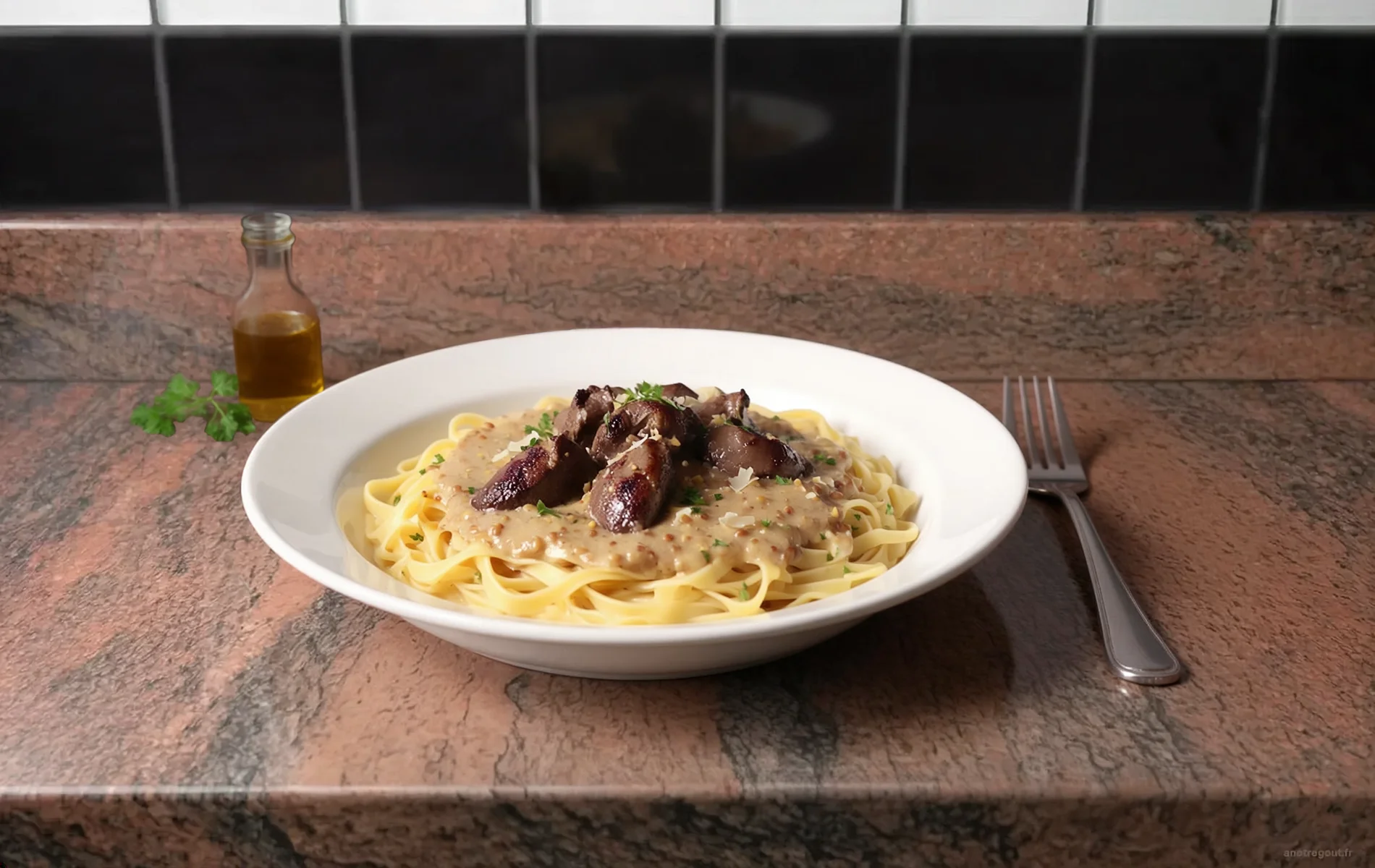 Tagliatelles accompagnées de foies de volaille poêlés, nappées d'une sauce crémeuse à la moutarde à l'ancienne et parsemées de persil.