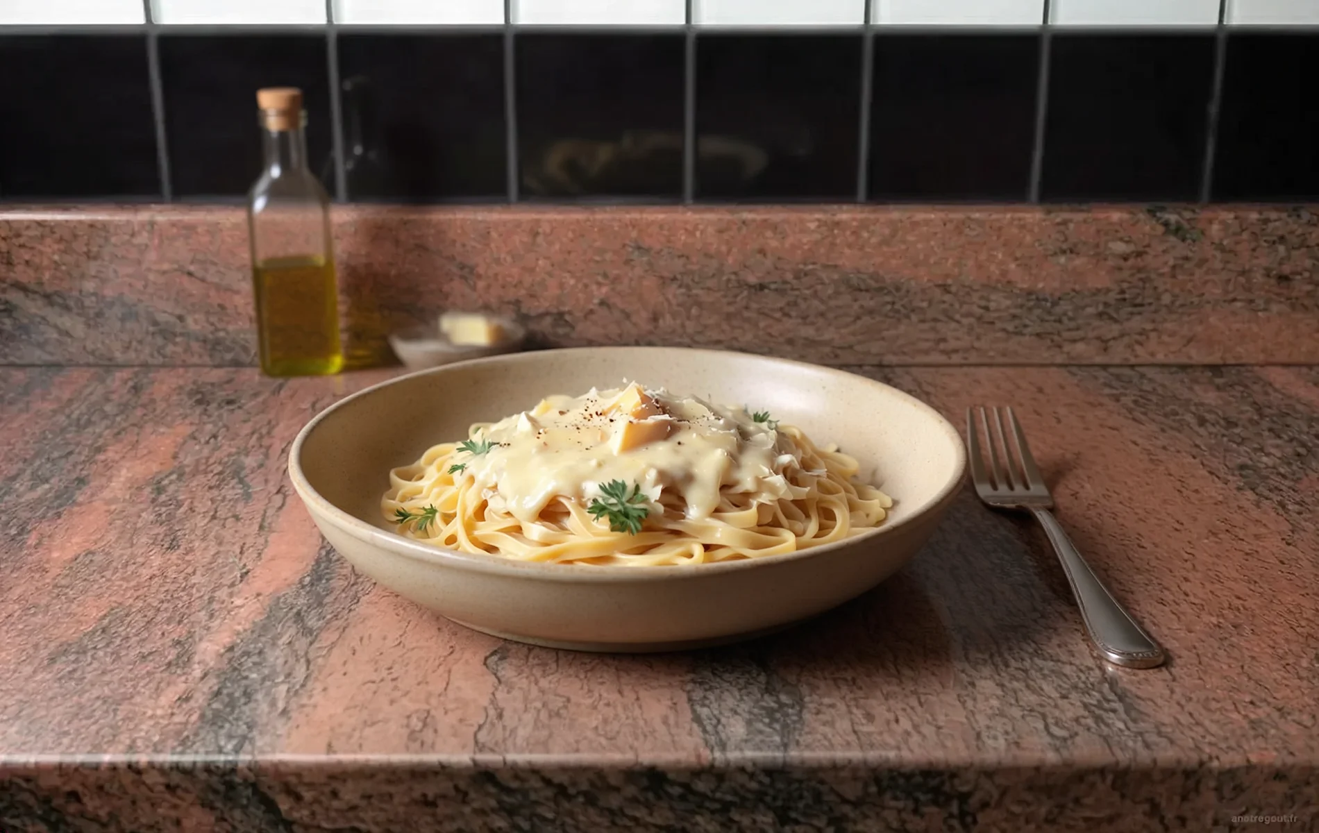 Tagliatelles napp&eacute;es d'une cr&egrave;me onctueuse au camembert, servies bien chaudes avec un tour de poivre fra&icirc;chement moulu.