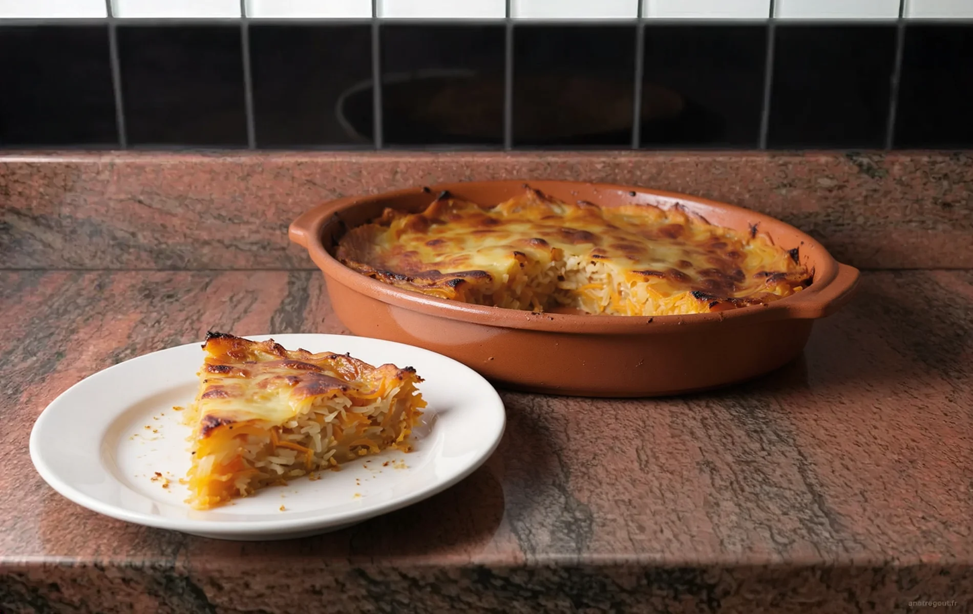 Tian de courge niçois « lou tian de cougourda » gratiné, présenté dans un plat en terre cuite avec une part servie dans une assiette blanche.