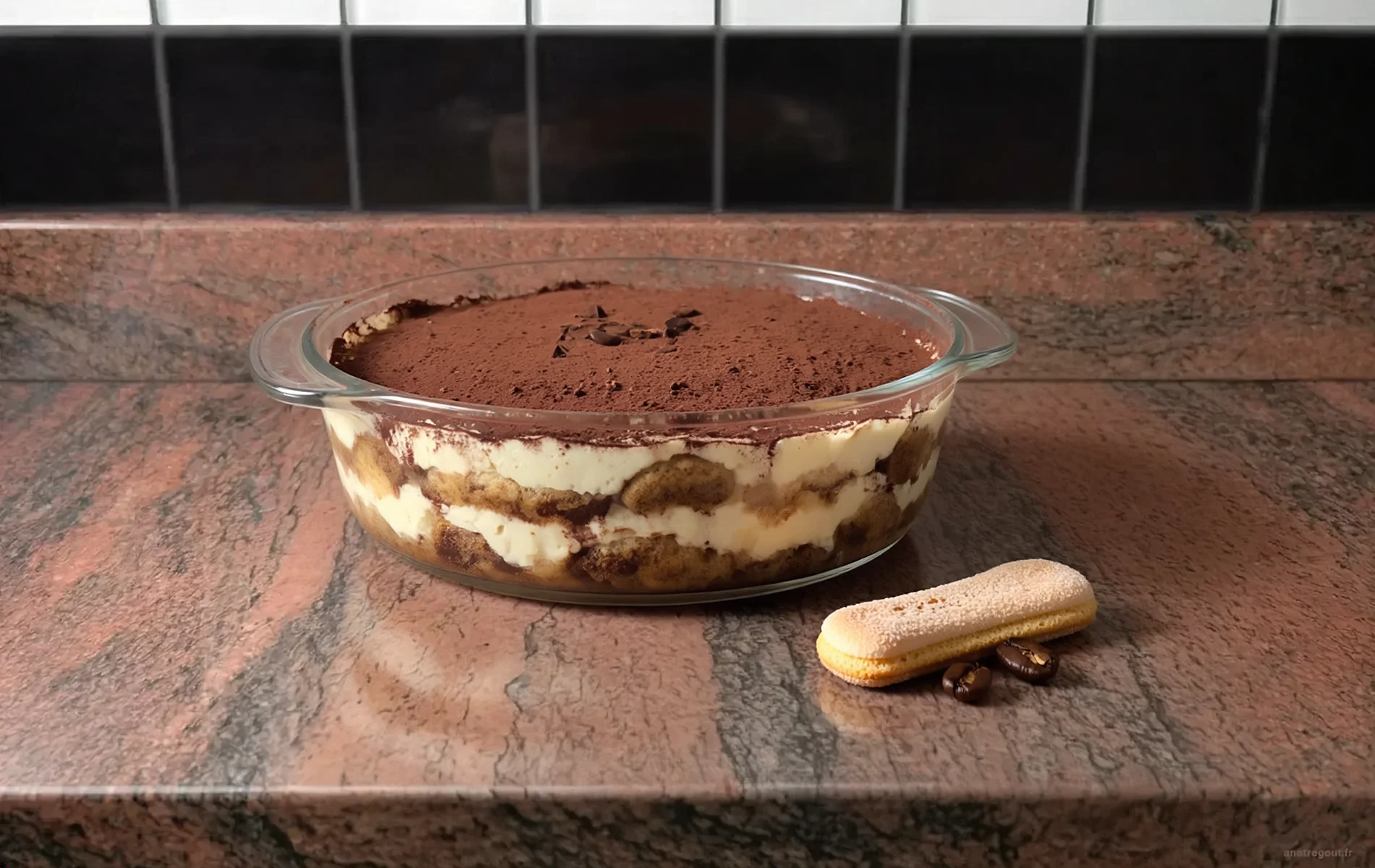 Tiramisu maison en verrine, compos&eacute; de couches de biscuits Pavesini imbib&eacute;s de caf&eacute; et de cr&egrave;me au mascarpone, saupoudr&eacute; de cacao amer.