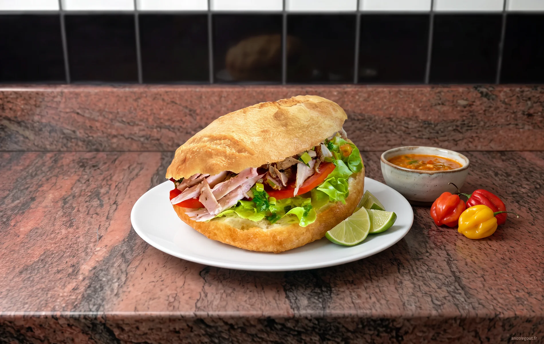 Le bokit, c&eacute;l&egrave;bre sandwich frit de Guadeloupe, garni ici de poulet fum&eacute;, de crudit&eacute;s et de sauce cr&eacute;ole, accompagn&eacute; de quartiers de citron vert.