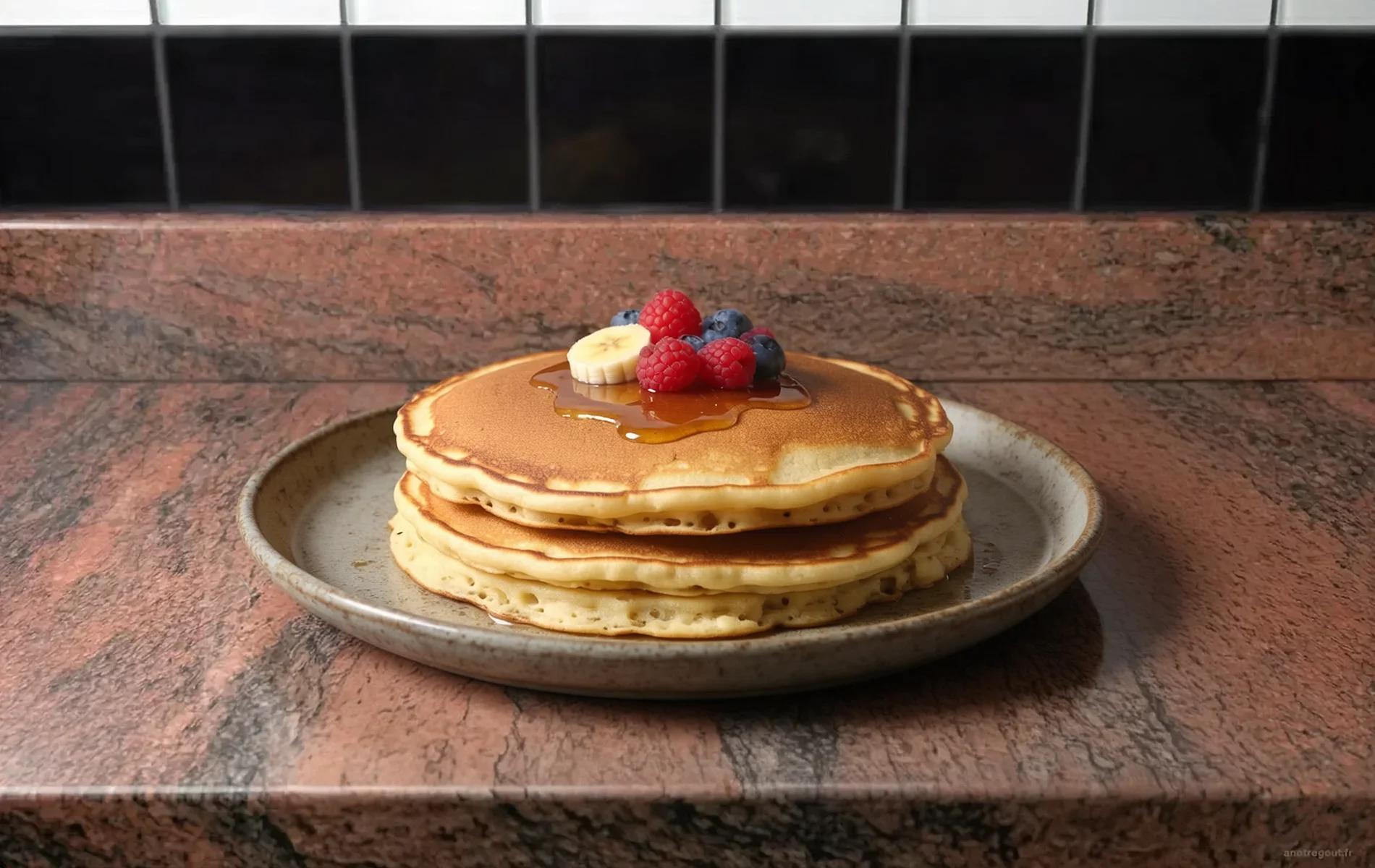 Pile de pancakes moelleux napp&eacute;s de sirop d'&eacute;rable, garnis de rondelles de banane, de framboises et de myrtilles, pr&eacute;sent&eacute;s sur une assiette en c&eacute;ramique.