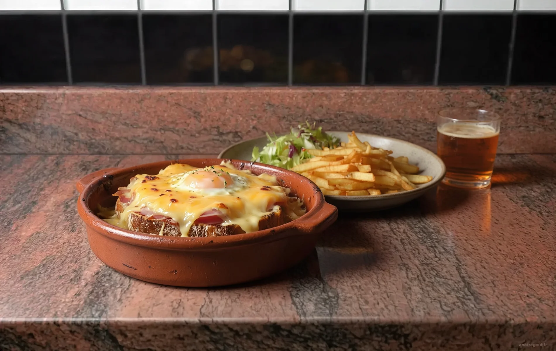 Welsh du Nord de la France gratin&eacute; au cheddar, servi avec un &oelig;uf, des frites, une salade et une bi&egrave;re.