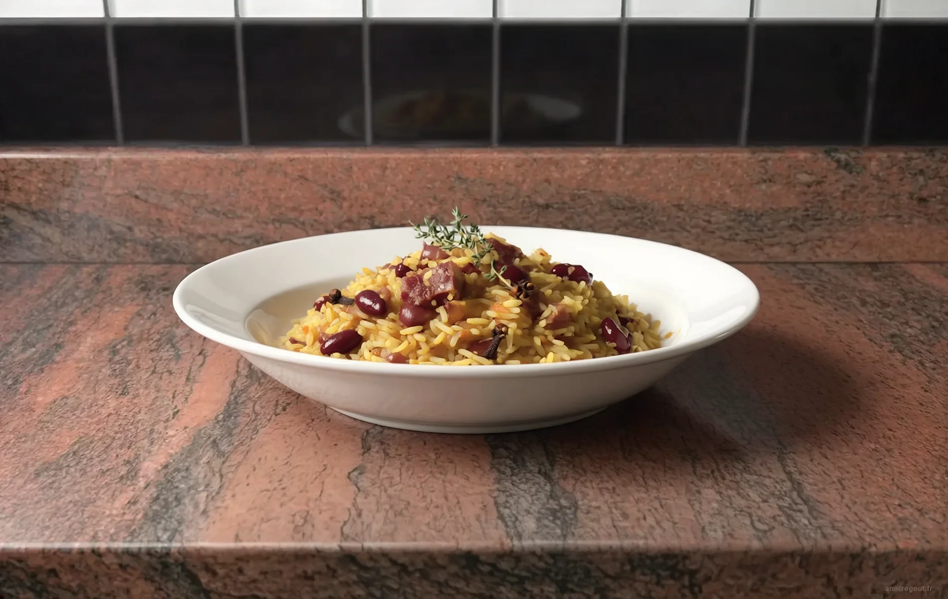 Zembrocal réunionnais au boucané et aux haricots rouges, préparé avec du riz parfumé au curcuma, au thym et aux clous de girofle, servi dans une assiette creuse blanche.