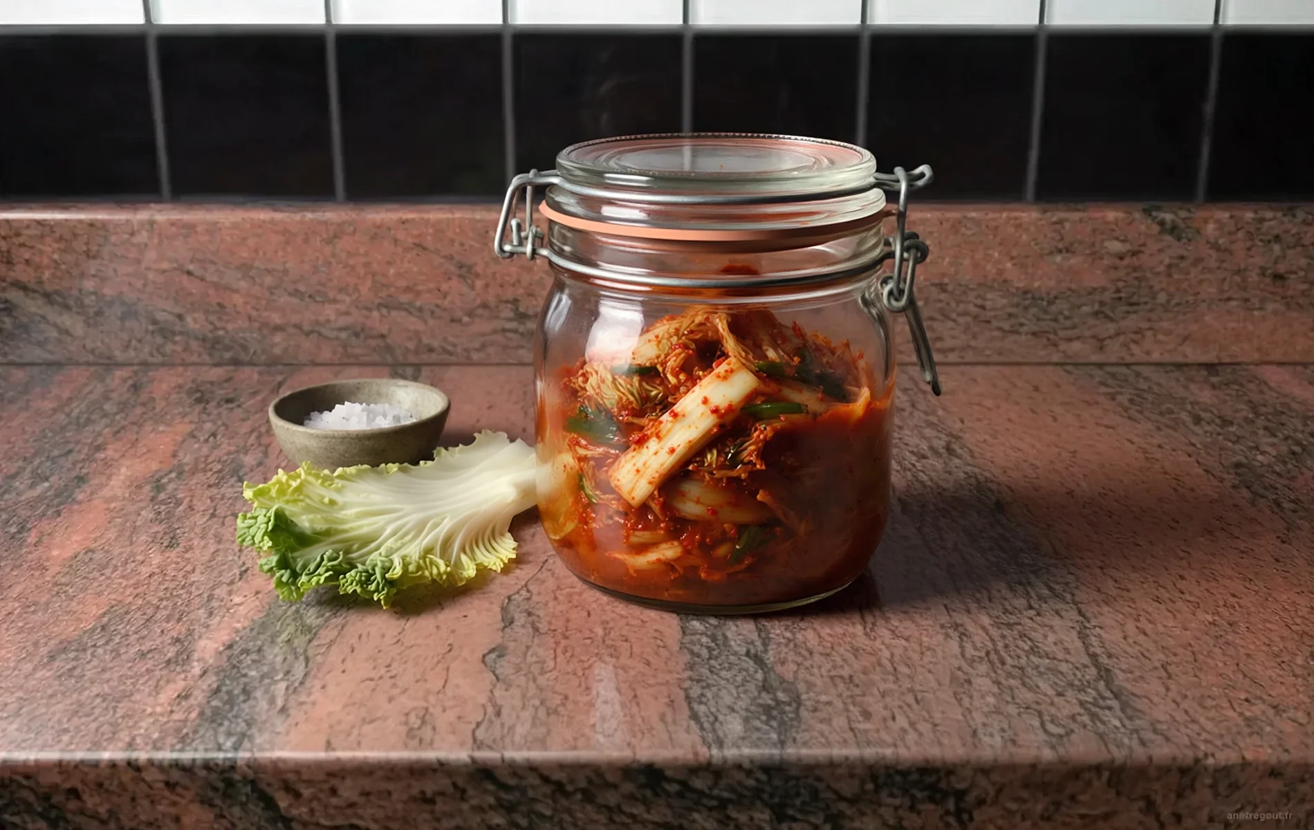 Baechu-kimchi maison dans un bocal ferm&eacute;, avec une feuille de chou chinois et du gros sel.