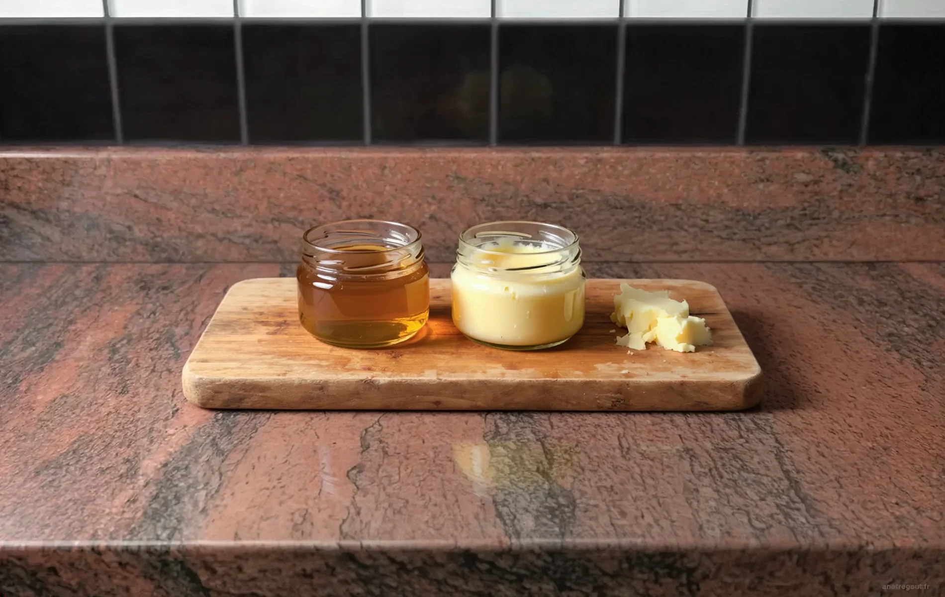 Beurre clarifi&eacute; et ghee pr&eacute;sent&eacute;s dans deux petits bocaux en verre.