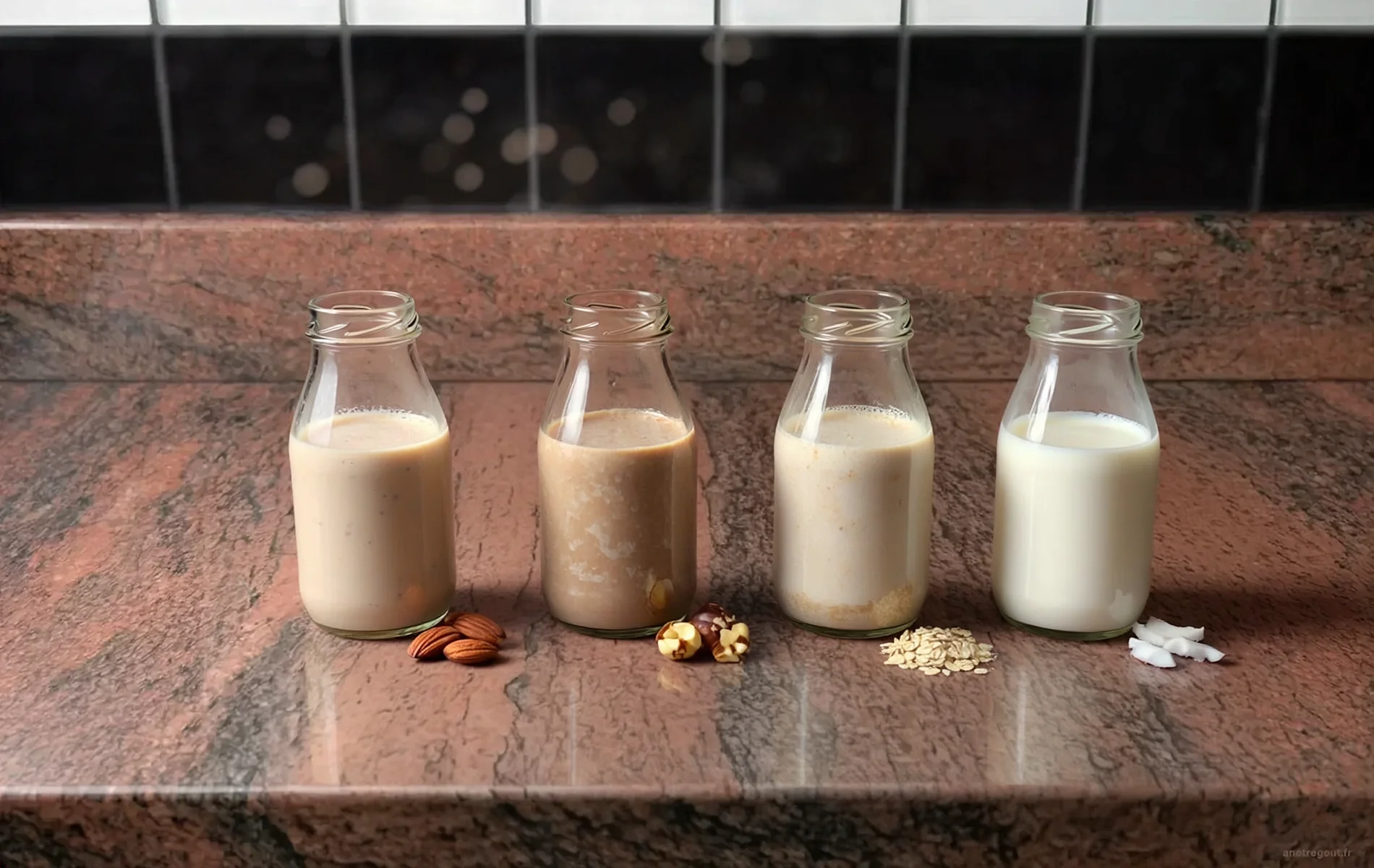 Quatre boissons v&eacute;g&eacute;tales maison &agrave; l&rsquo;amande, &agrave; la noisette, &agrave; l&rsquo;avoine et &agrave; la noix de coco.
