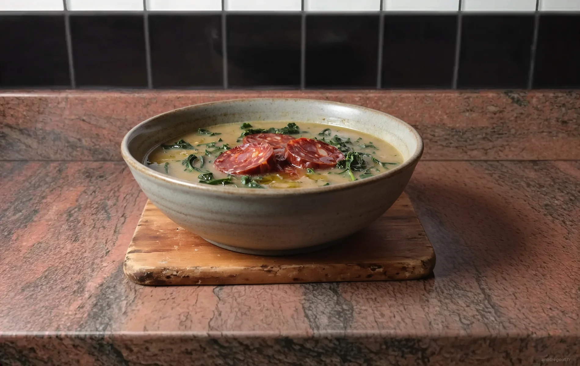Caldo verde portugais au chou vert et au chouri&ccedil;o servi dans un bol.