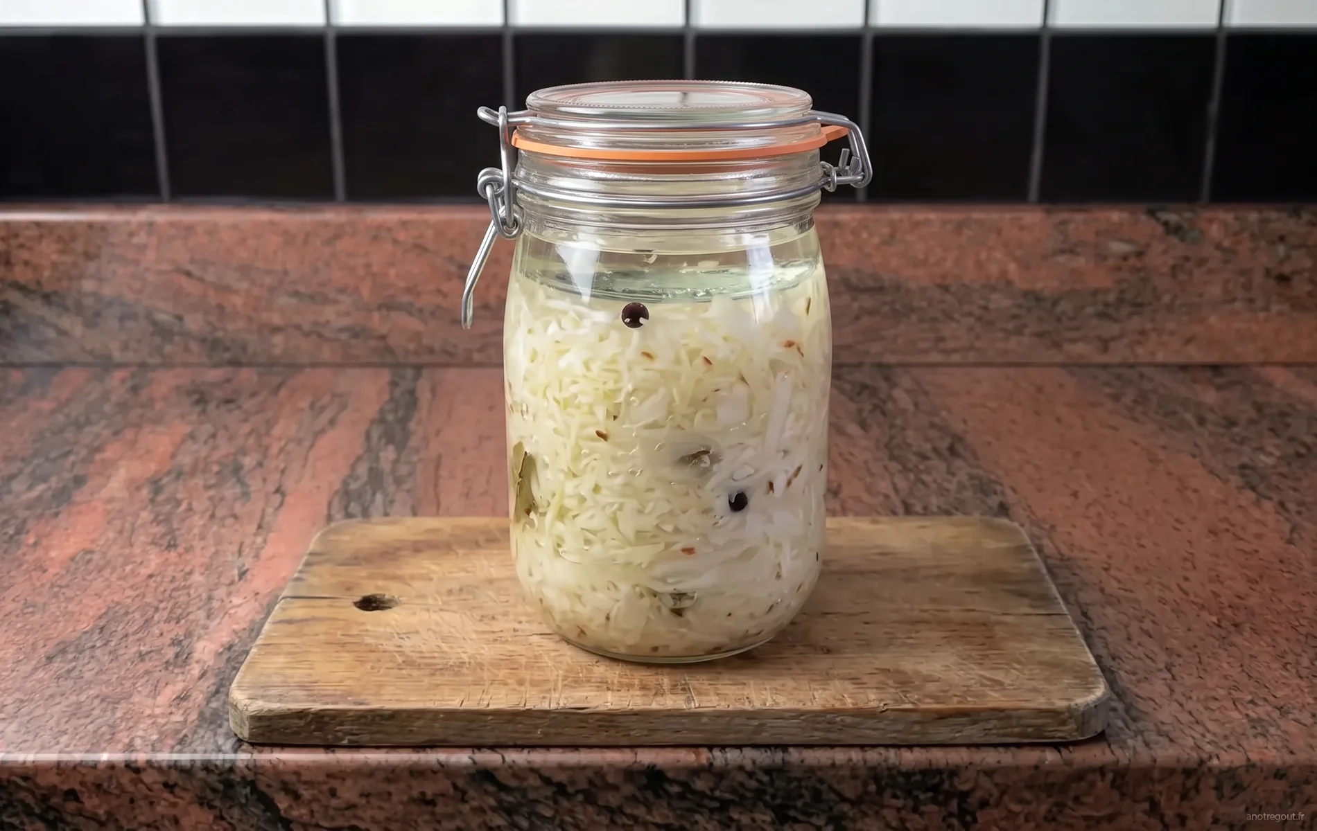Choucroute maison en lactofermentation dans un bocal en verre, enti&egrave;rement immerg&eacute;e dans sa saumure.