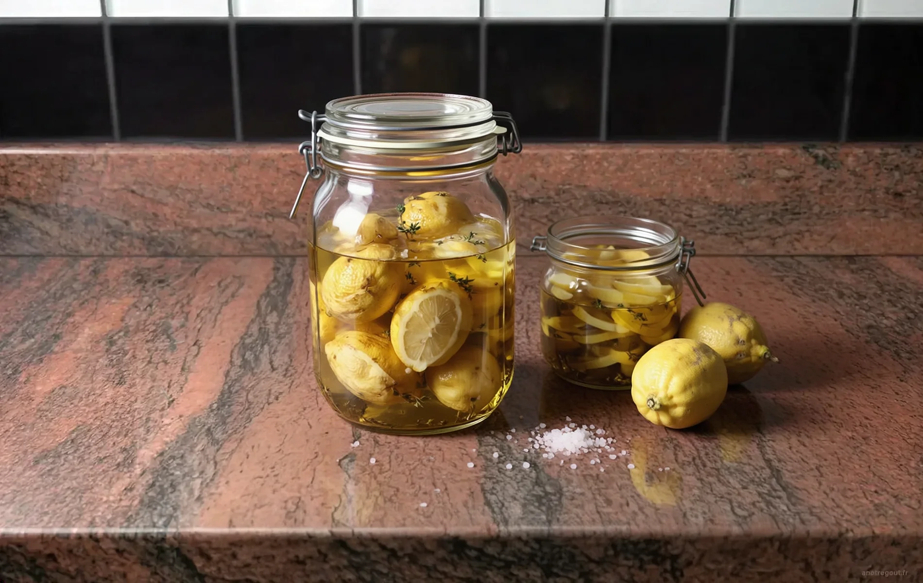 Deux bocaux de citrons confits, avec des citrons frais et du gros sel.
