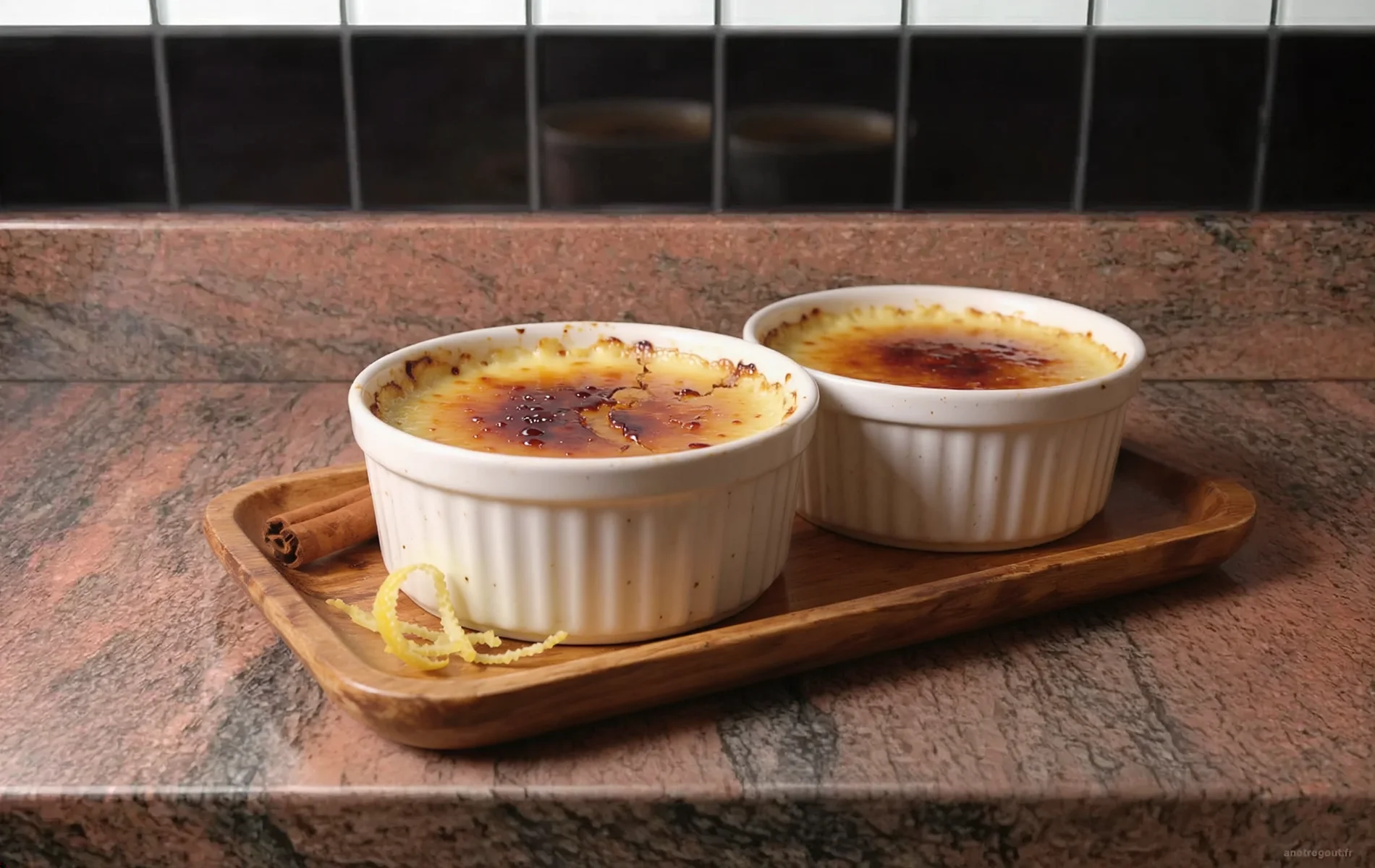 Cr&egrave;me catalane servie dans des ramequins individuels, cro&ucirc;te de cassonade caram&eacute;lis&eacute;e craquel&eacute;e, b&acirc;ton de cannelle et zeste de citron en d&eacute;cor