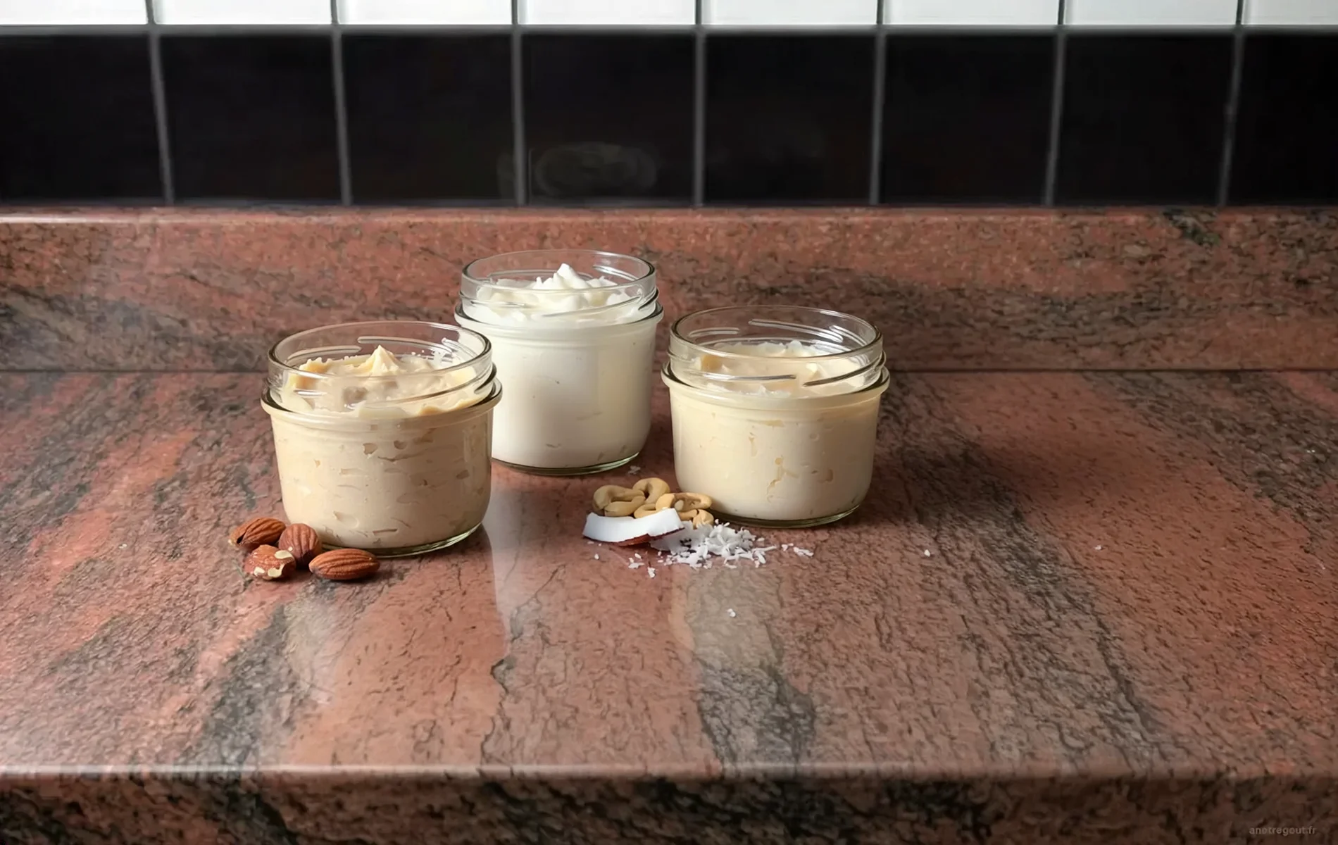 Trois pots ouverts de cr&egrave;mes v&eacute;g&eacute;tales maison &agrave; l&rsquo;amande, &agrave; la noix de cajou et &agrave; la noix de coco.