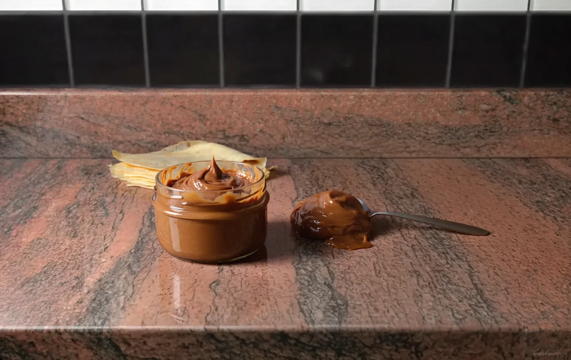 Pot de dulce de leche maison avec une cuill&egrave;re de confiture de lait et des cr&ecirc;pes en arri&egrave;re-plan.
