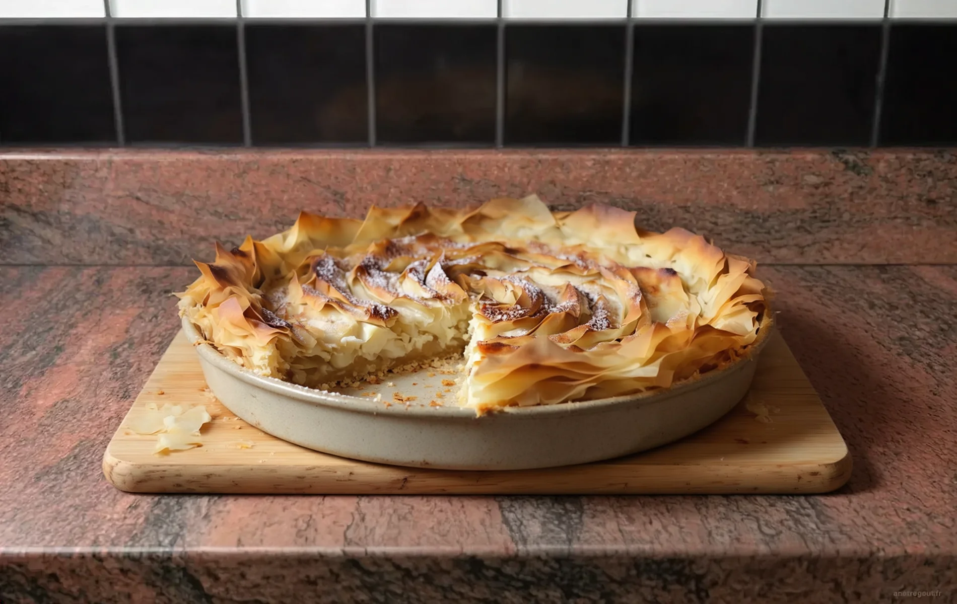Galatopita grecque &agrave; la p&acirc;te filo, dor&eacute;e et croustillante, avec une part retir&eacute;e laissant appara&icirc;tre la garniture cr&eacute;meuse.