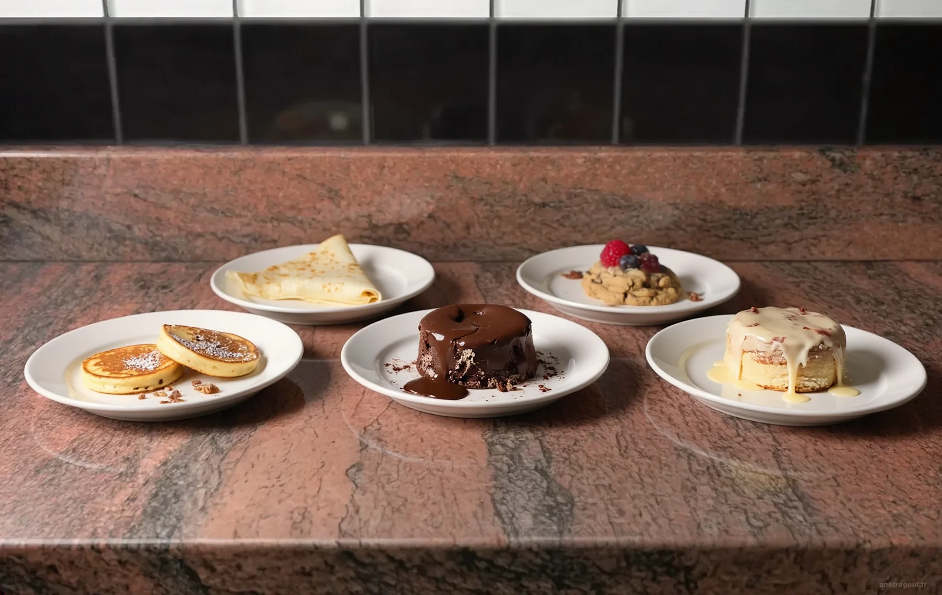 Assortiment de g&acirc;teaux individuels maison avec pancakes, cr&ecirc;pe, fondant au chocolat, cookie et petit g&acirc;teau, pr&eacute;sent&eacute;s sur des assiettes.