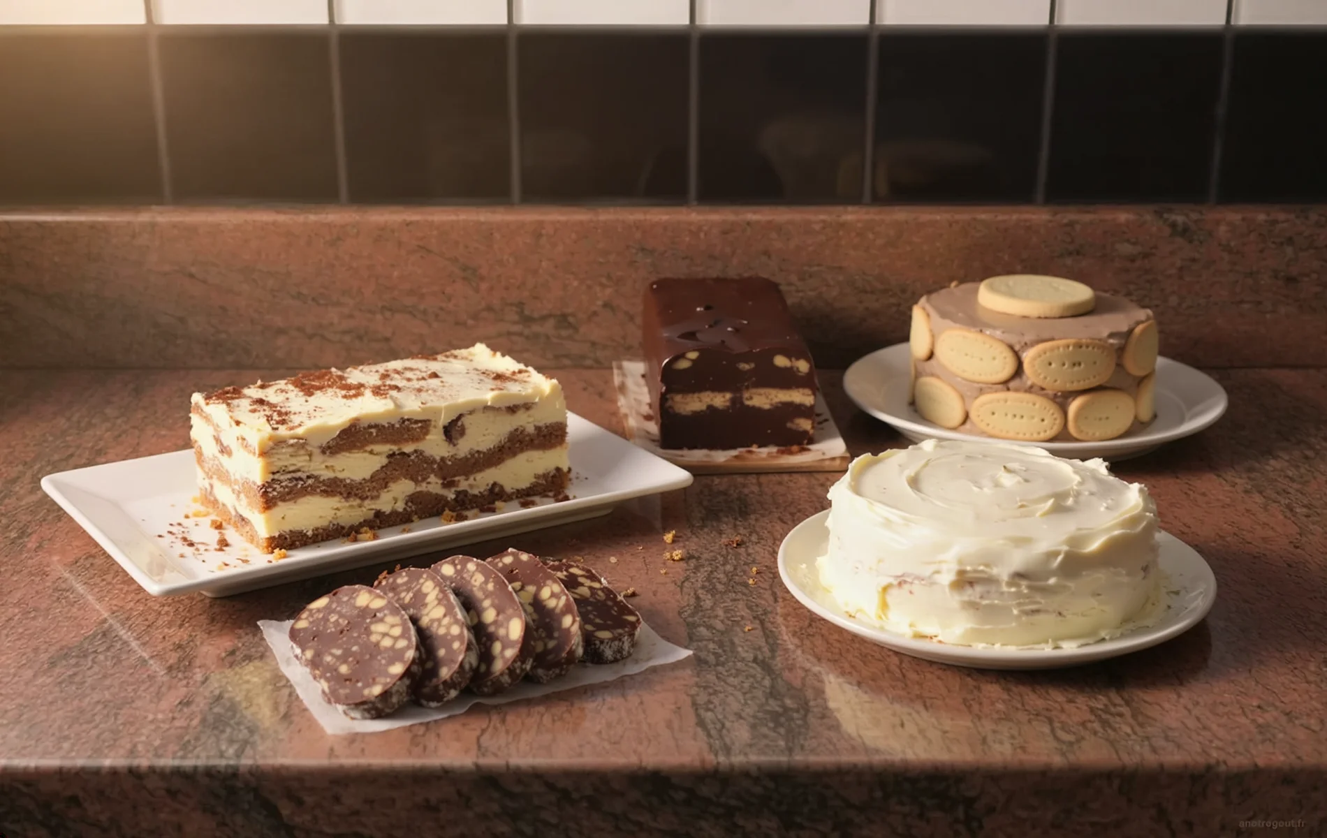 Assortiment de gâteaux sans cuisson : gâteau de famille, bolo de bolacha, Kalter Hund, icebox cake et salami au chocolat.