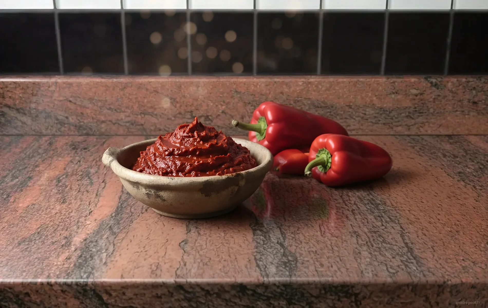 Massa de pimentão maison dans un bol avec des poivrons rouges