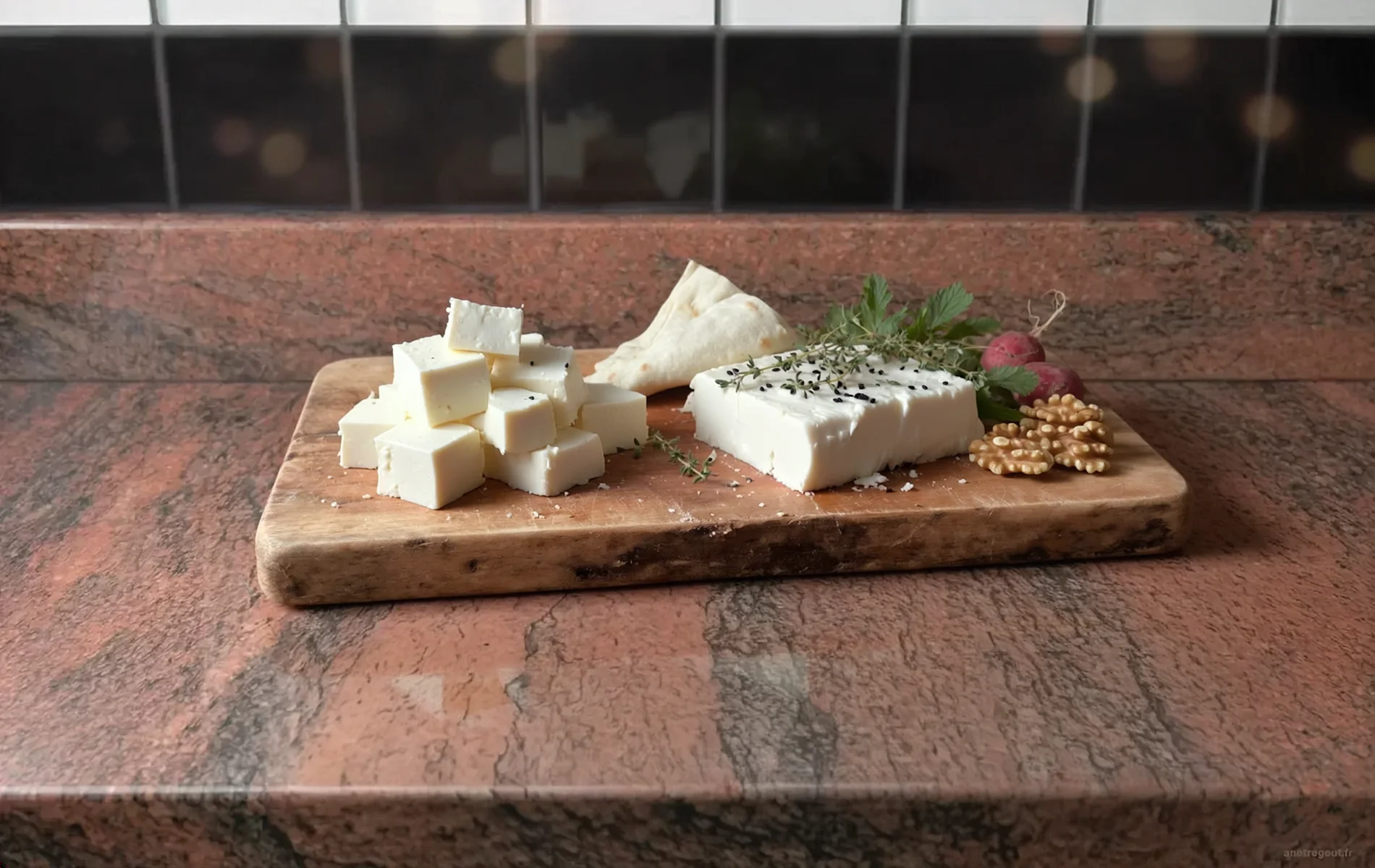 Paneer indien en cubes et panir iranien servis sur une planche en bois