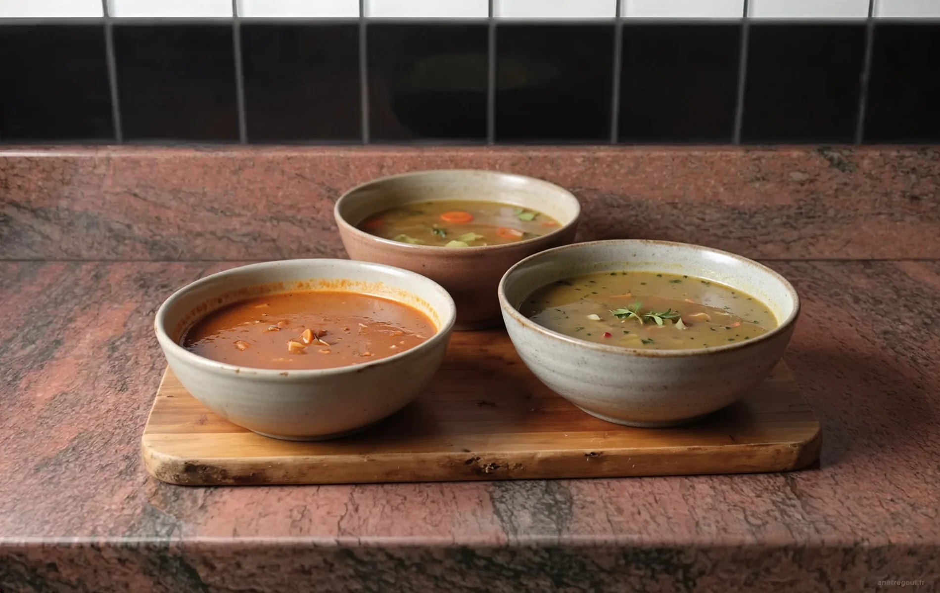 Trois bols de soupes maison vari&eacute;es pr&eacute;sent&eacute;s sur une planche en bois