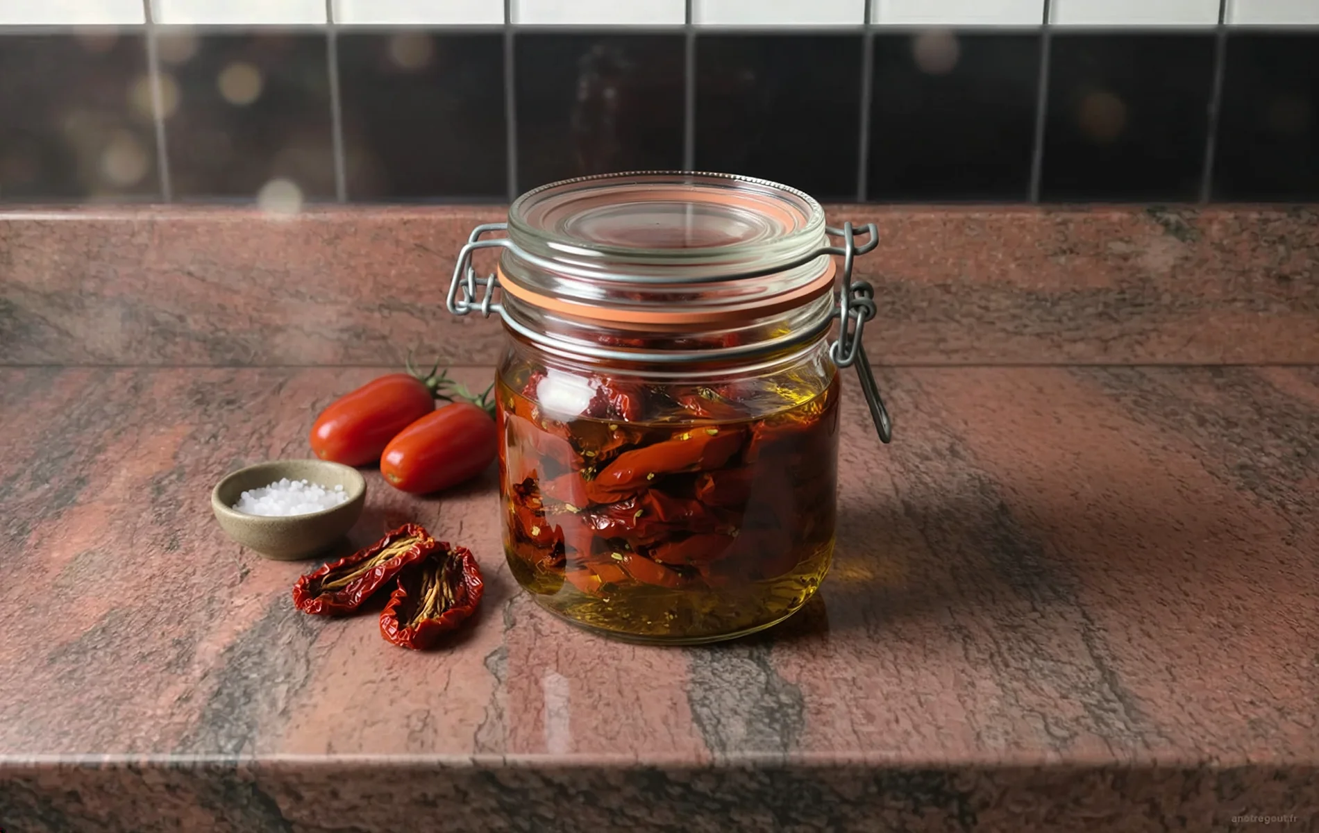 Tomates s&eacute;ch&eacute;es maison conserv&eacute;es dans un bocal d&rsquo;huile d&rsquo;olive, avec tomates Roma et gros sel.