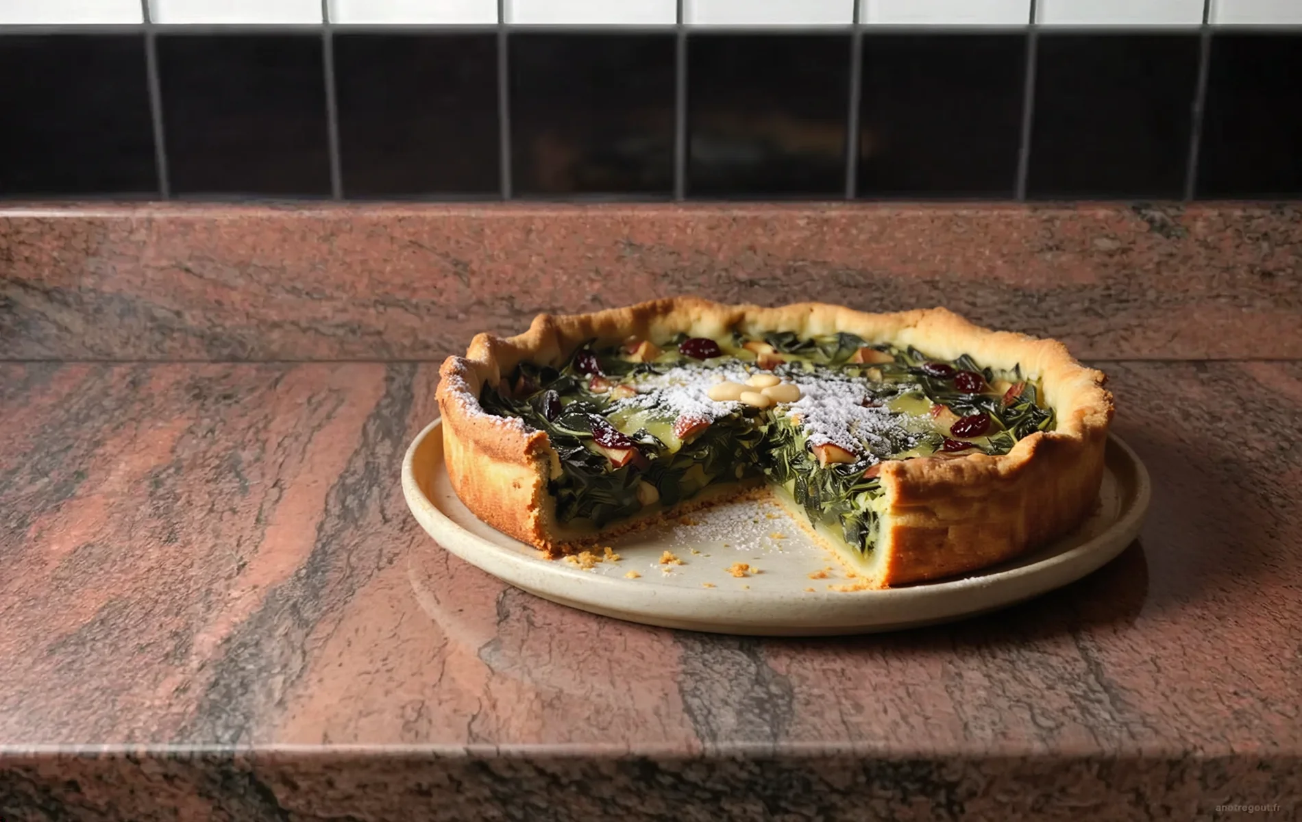 Tourta de blea nissarda coup&eacute;e, laissant appara&icirc;tre la farce aux blettes, raisins et pignons.