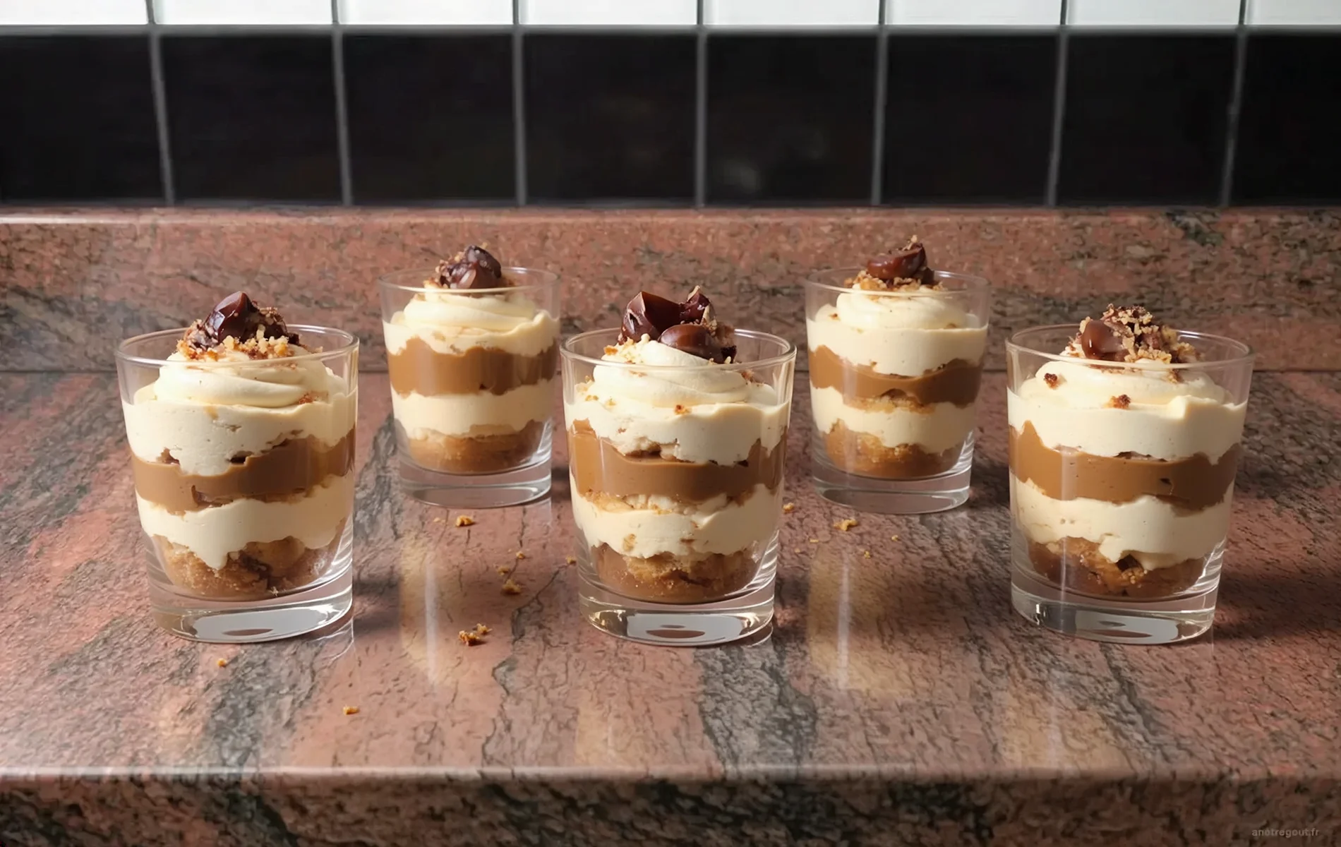 Cinq verrines aux marrons glac&eacute;s compos&eacute;es de cr&egrave;me de marrons, cr&egrave;me mascarpone et biscuits &eacute;miett&eacute;s, d&eacute;cor&eacute;es de morceaux de marrons glac&eacute;s.