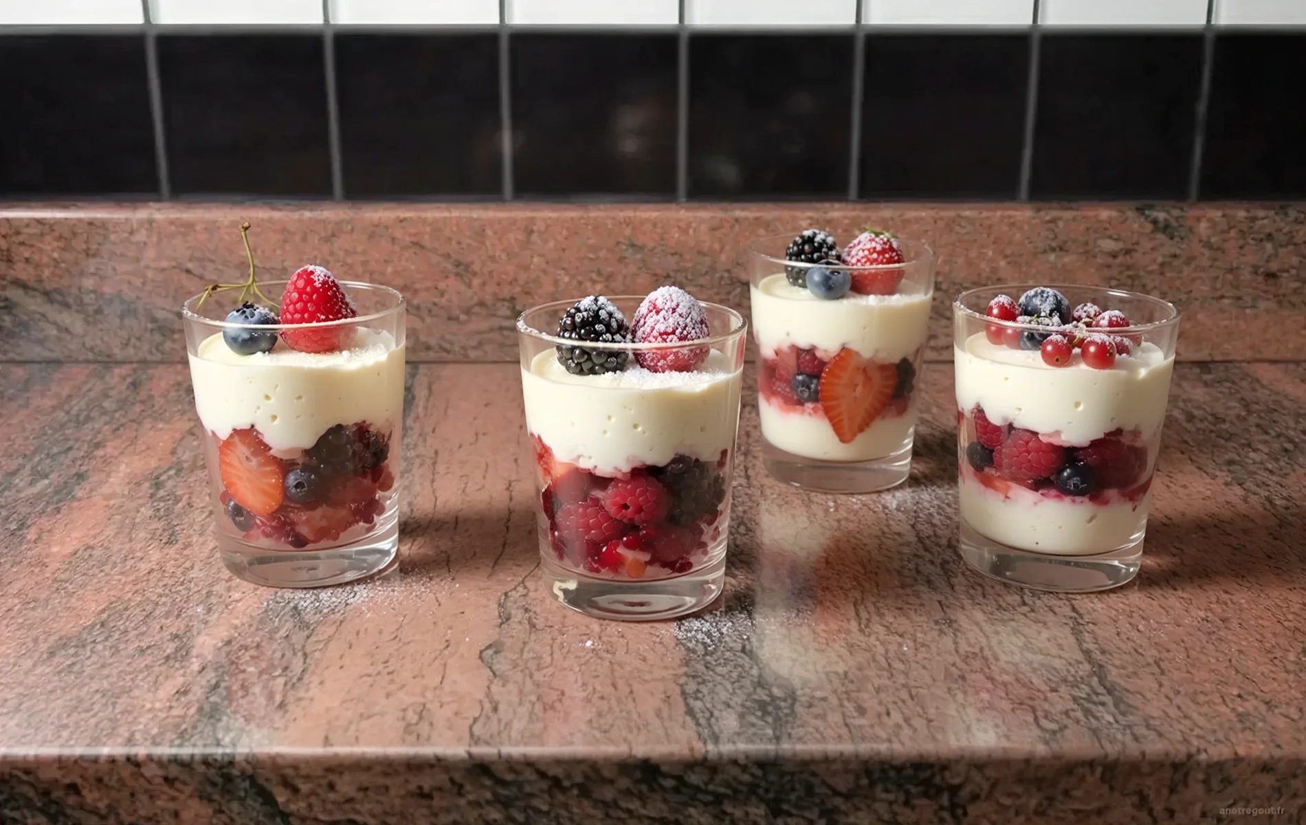 Quatre verrines de mousse au mascarpone et fruits rouges compos&eacute;es de couches de mousse l&eacute;g&egrave;re et de fruits rouges frais, d&eacute;cor&eacute;es de fraises, framboises, m&ucirc;res, myrtilles et groseilles.