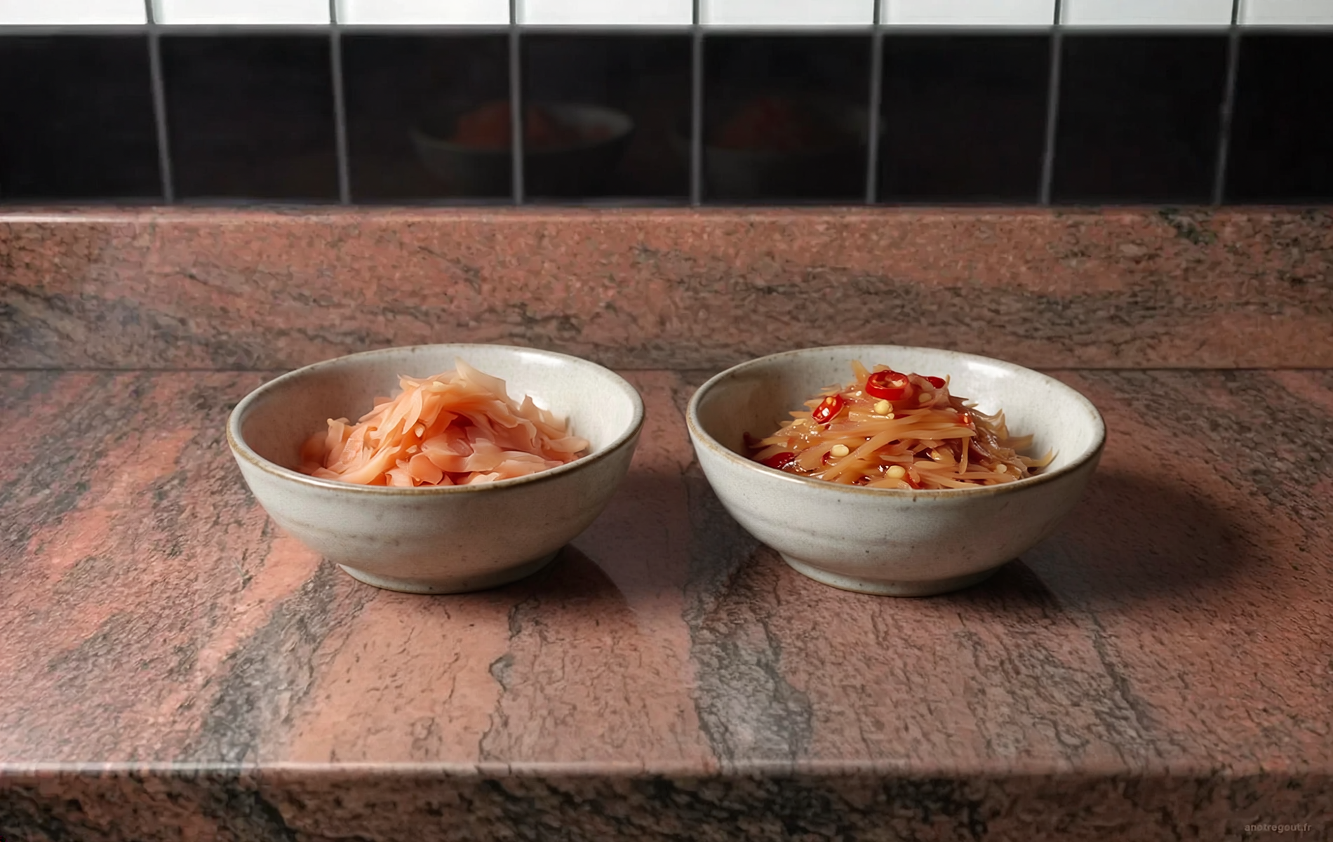 Gari japonais et gingembre confit r&eacute;unionnais servis dans deux petits bols