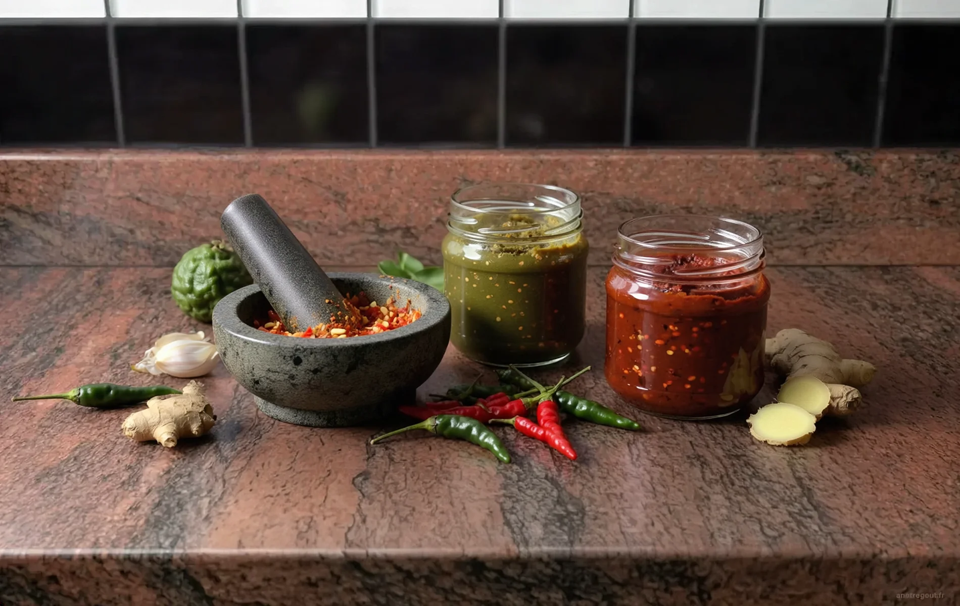 Piments cras&eacute;s dans un mortier et deux bocaux de p&acirc;te de piment verte et rouge.