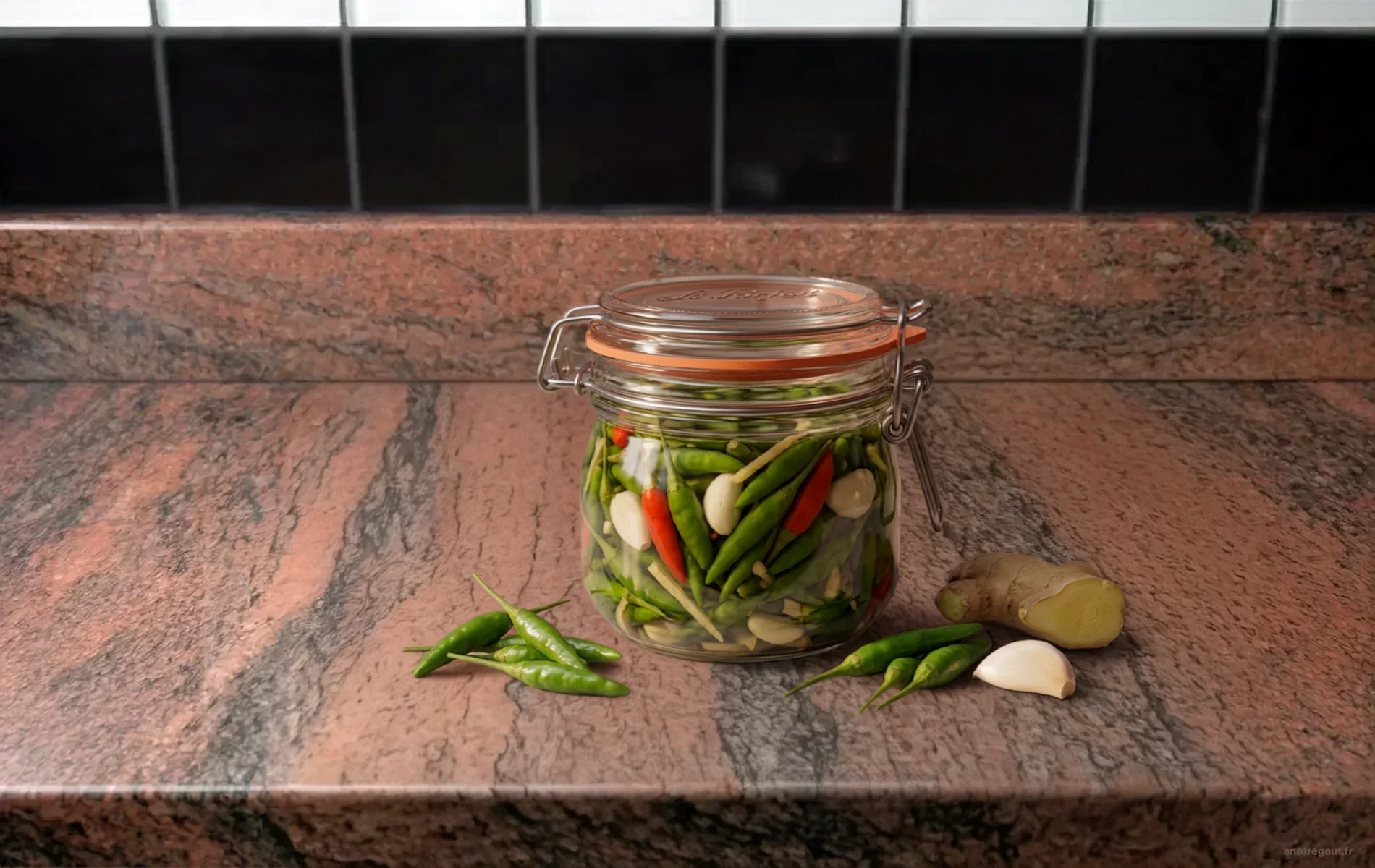 Bocal de petits piments oiseau verts confits avec de l&rsquo;ail et du gingembre.