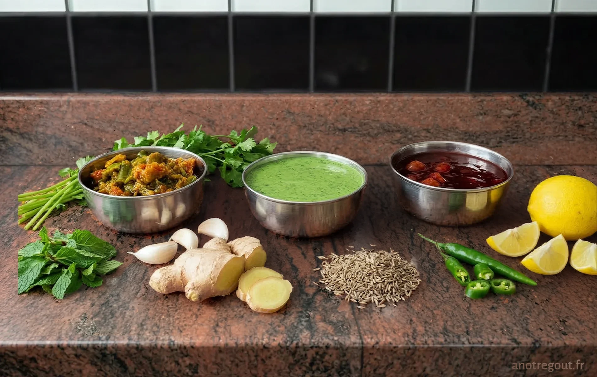 Trois sauces indiennes accompagn&eacute;es de menthe, coriandre, gingembre, piments et citron