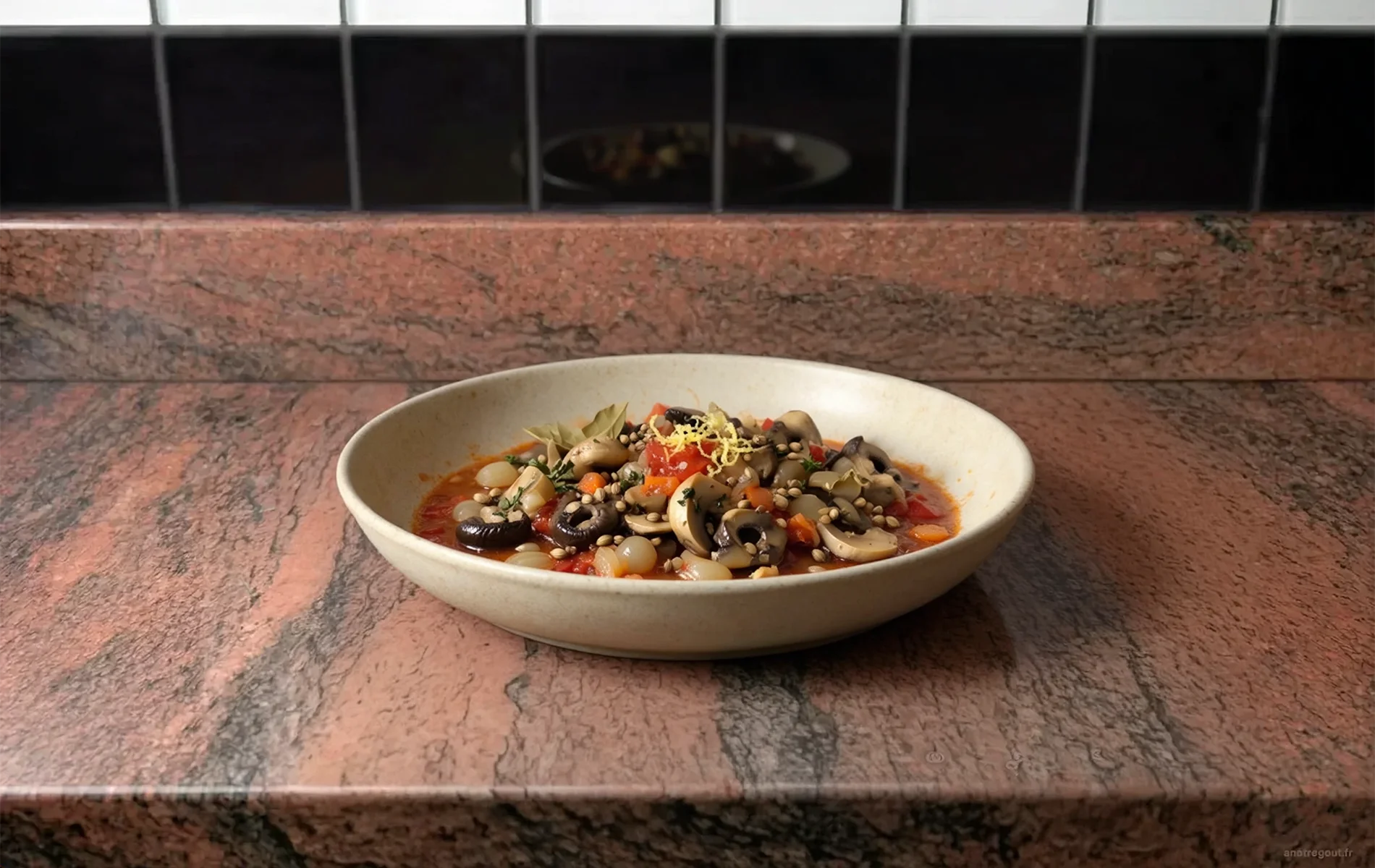 Champignons à la grecque dans un plat en céramique, avec des petits oignons grelots, des carottes, des tomates et une sauce parfumée aux épices et au citron.