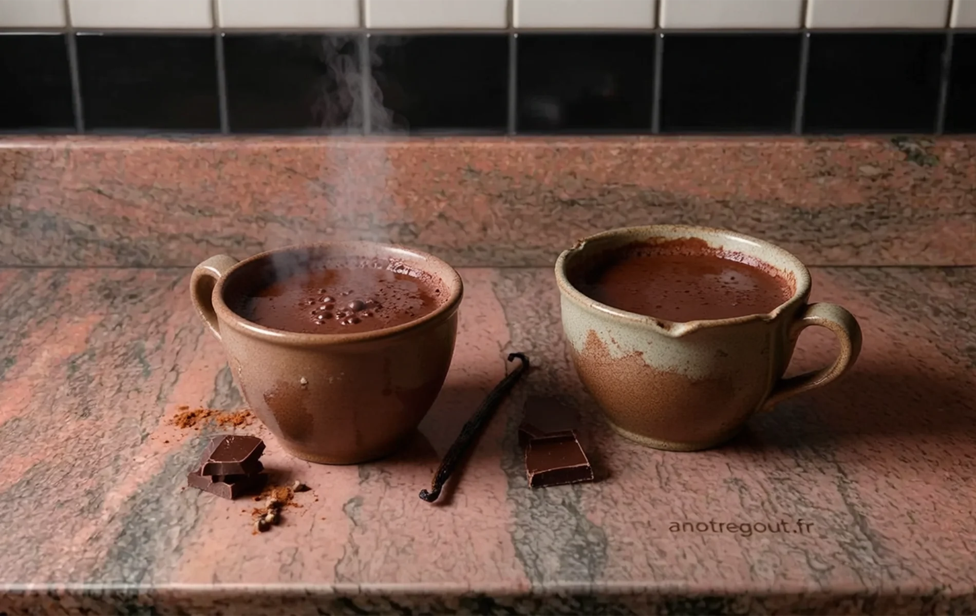 Deux tasses de chocolat chaud des Mayas, à la surface légèrement mousseuse, accompagnées de chocolat noir, de vanille et d’épices.