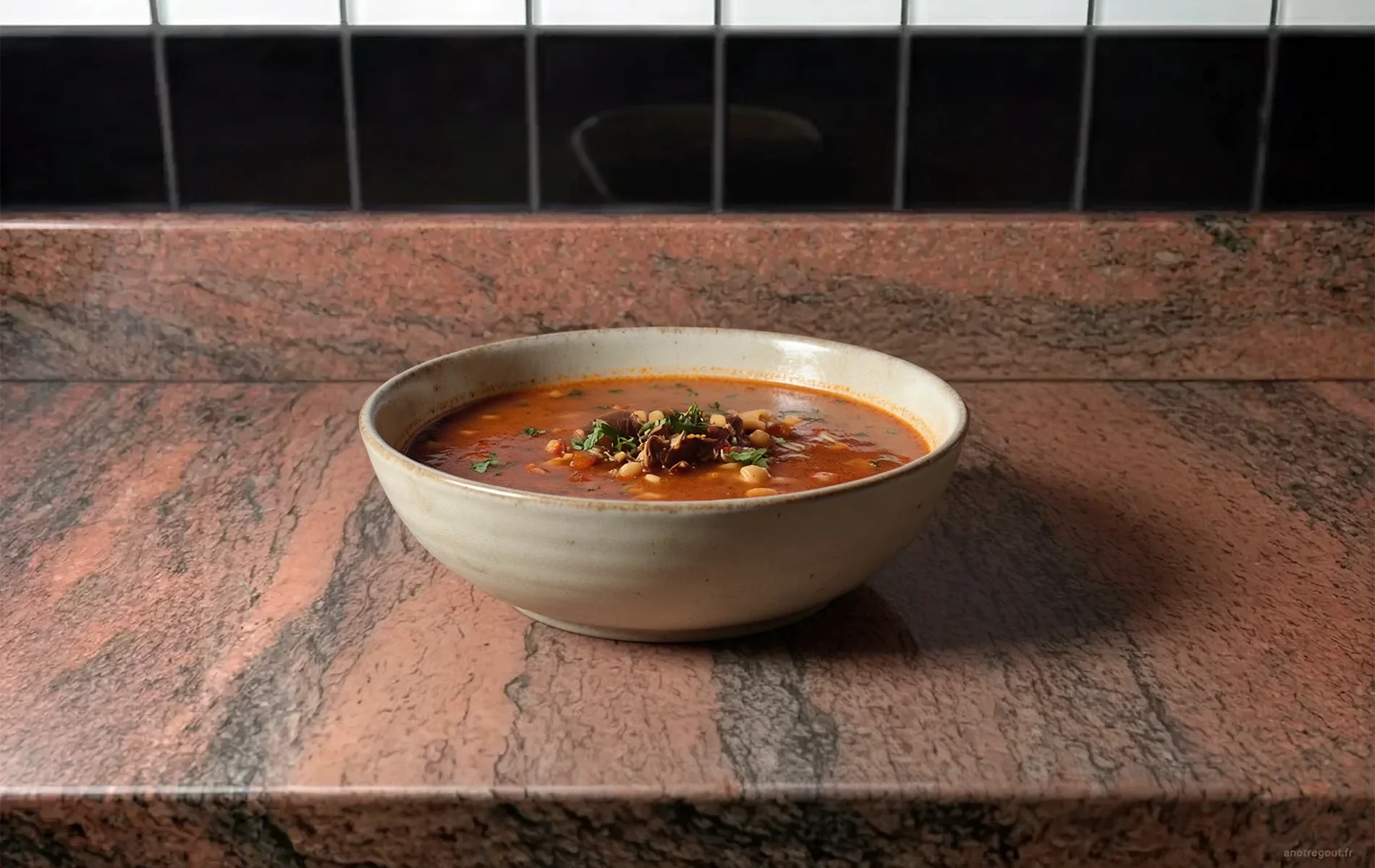 Chorba algérienne de Nadia servie dans un bol en céramique, avec un bouillon rouge orangé, des morceaux d'agneau, des pois chiches, du frik et de la coriandre fraîche.