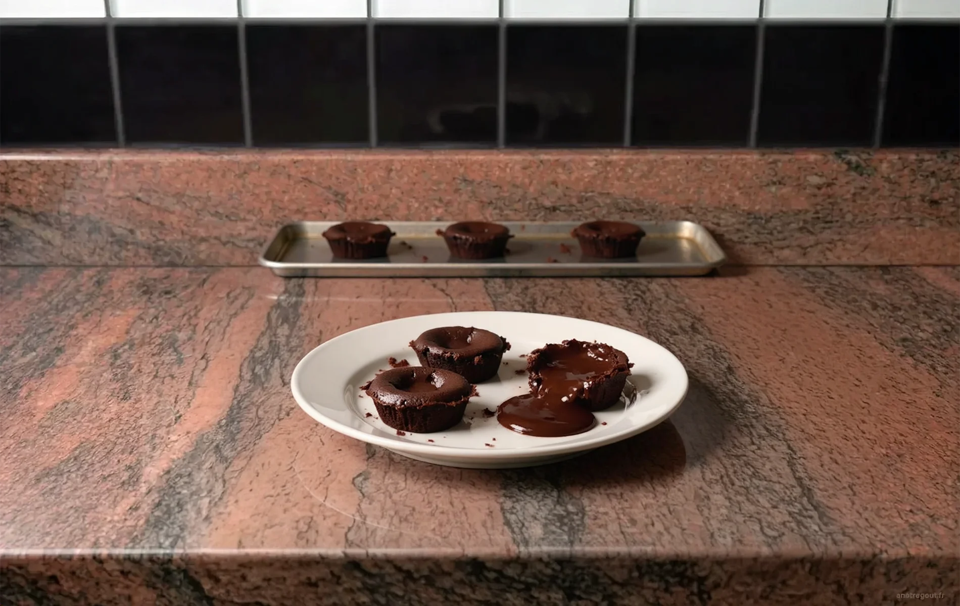 Trois petits fondants au chocolat sur une assiette blanche, dont un ouvert laisse couler son cœur chocolaté, avec trois autres gâteaux en arrière-plan.