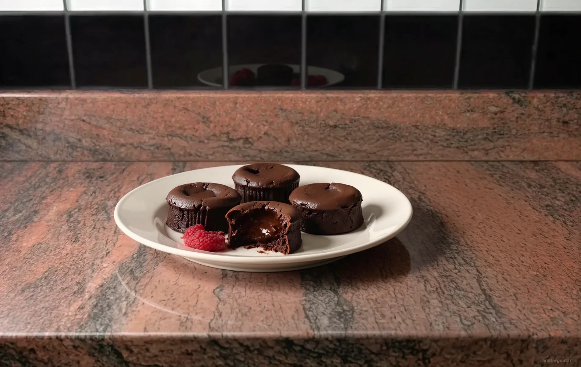 Quatre fondants individuels au chocolat sur une assiette blanche, dont un ouvert laissant apparaître son cœur coulant, accompagnés d'une framboise fraîche.