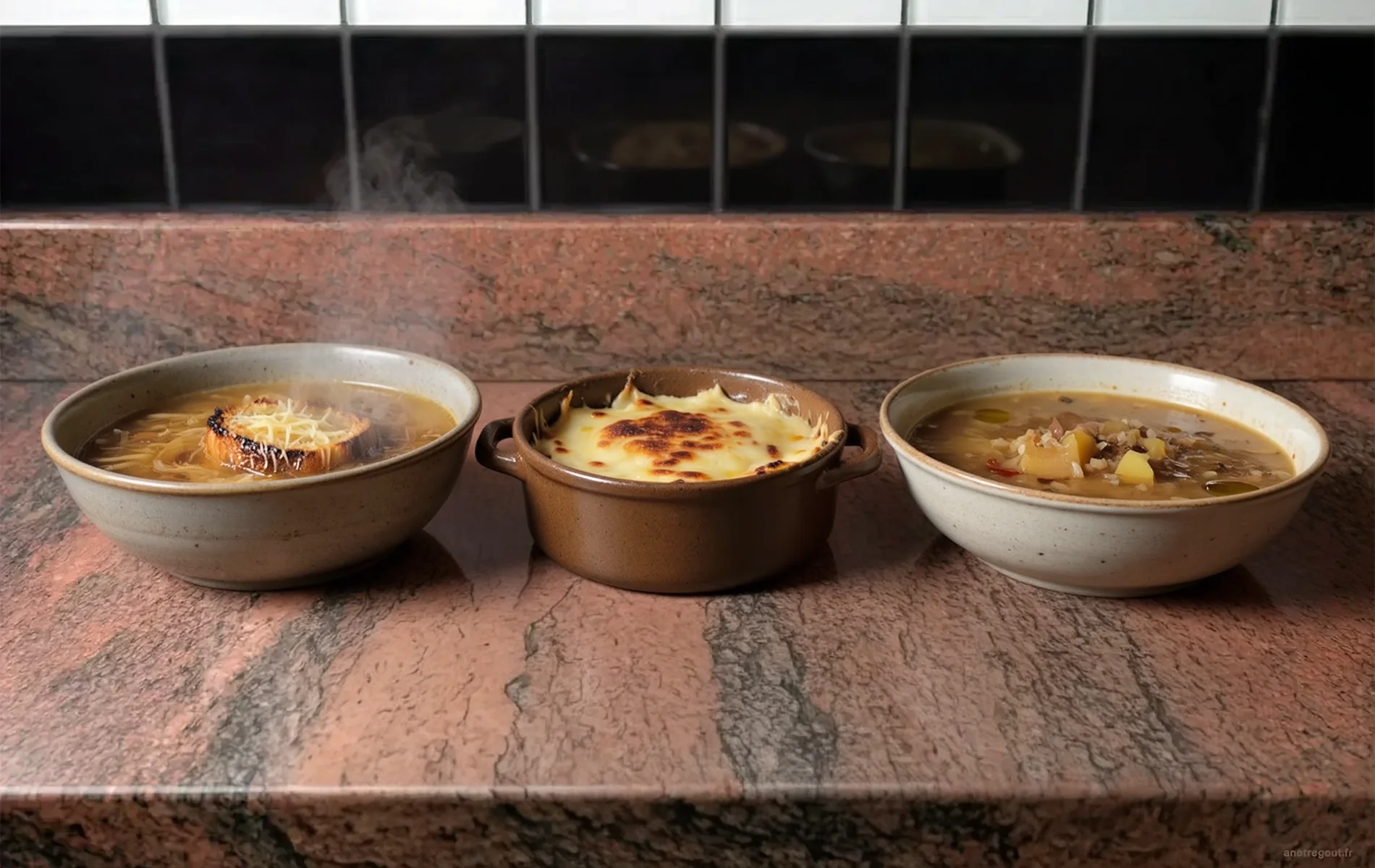 Trois soupes &agrave; l'oignon sur un plan de travail en granit rose : soupe fran&ccedil;aise au pain grill&eacute;, gratin&eacute;e au fromage dor&eacute; et soupe portugaise aux pommes de terre et au riz.