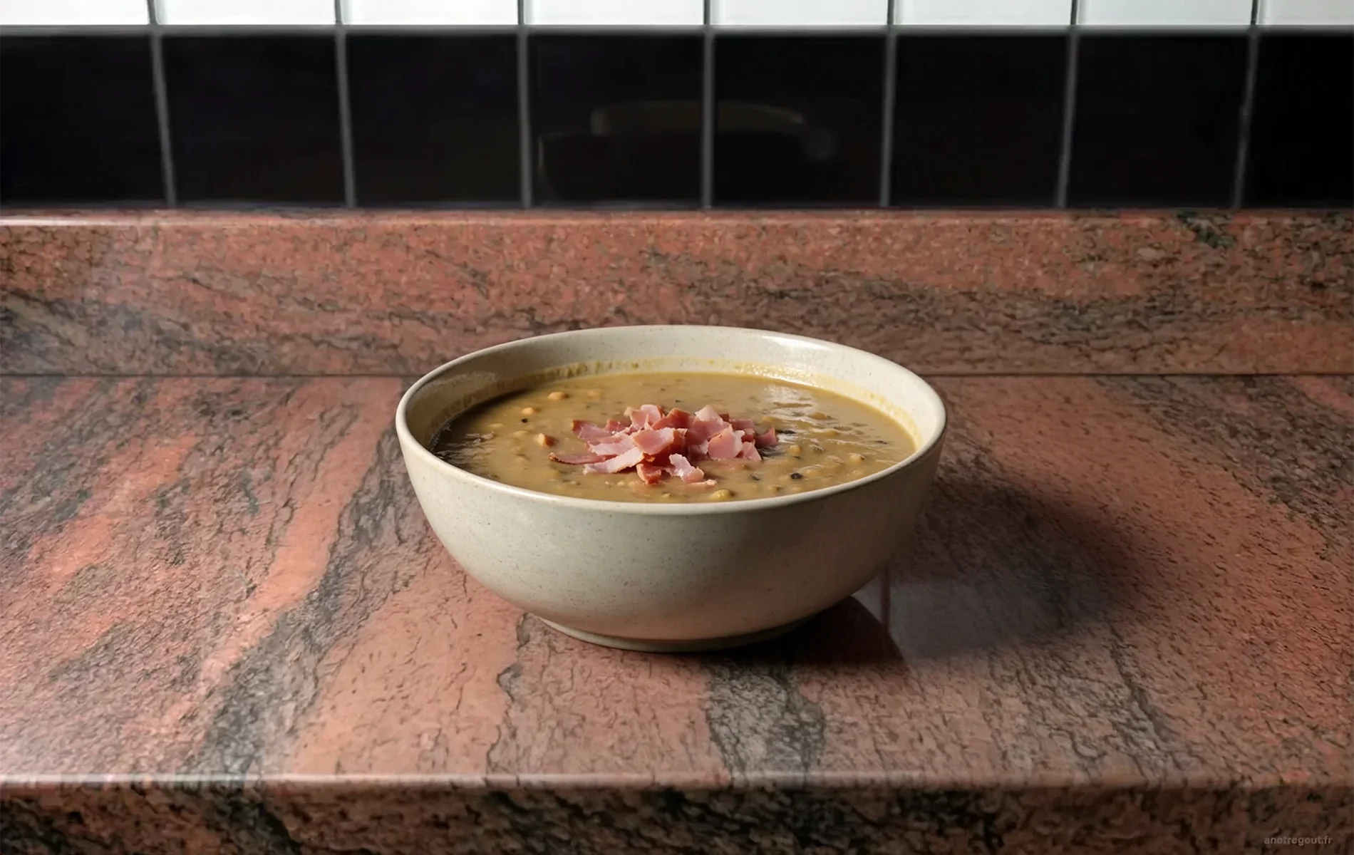 Bol de soupe de pois cassés épaisse, de couleur jaune olive, garni de morceaux de jambon, sur un plan de travail en granit rose veiné.