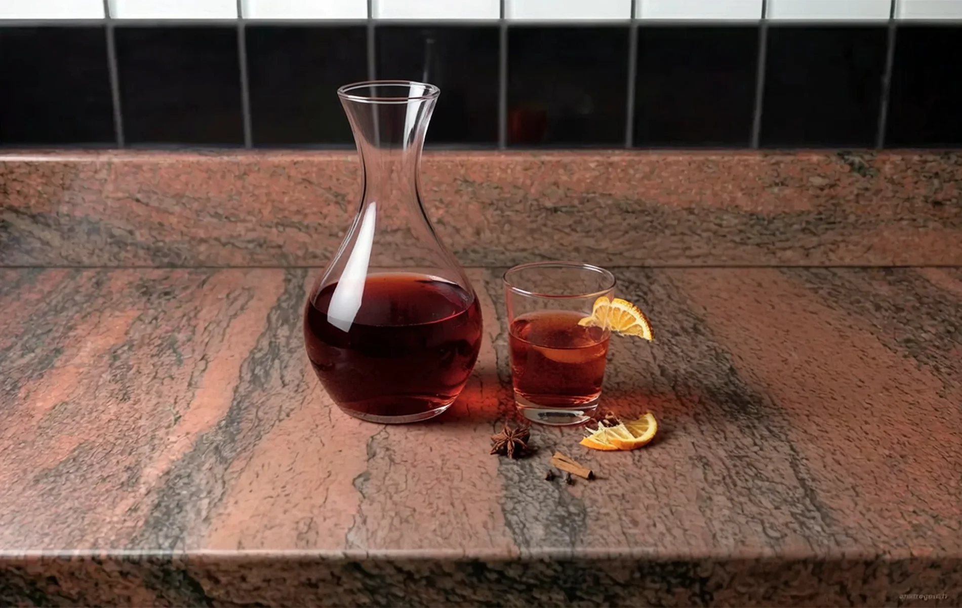 Carafe et verre de vin à l’orange maison, accompagnés de tranches d’orange et d’épices sur un plan de travail en granit.